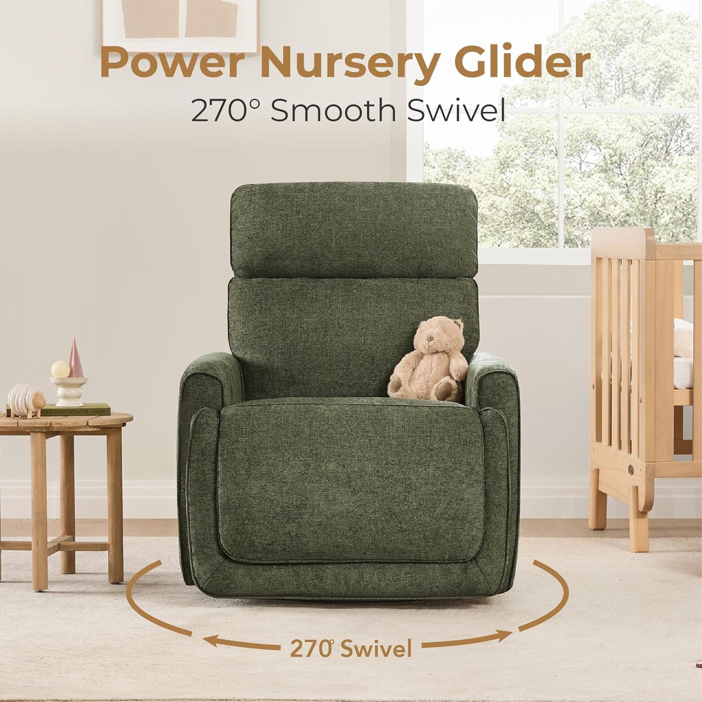 CHITA Electronic Power Recliner Chair Swivel Glider, FSC Certified Modern Nursery Rocking Chair with USB and Type-C Ports, Forest Green