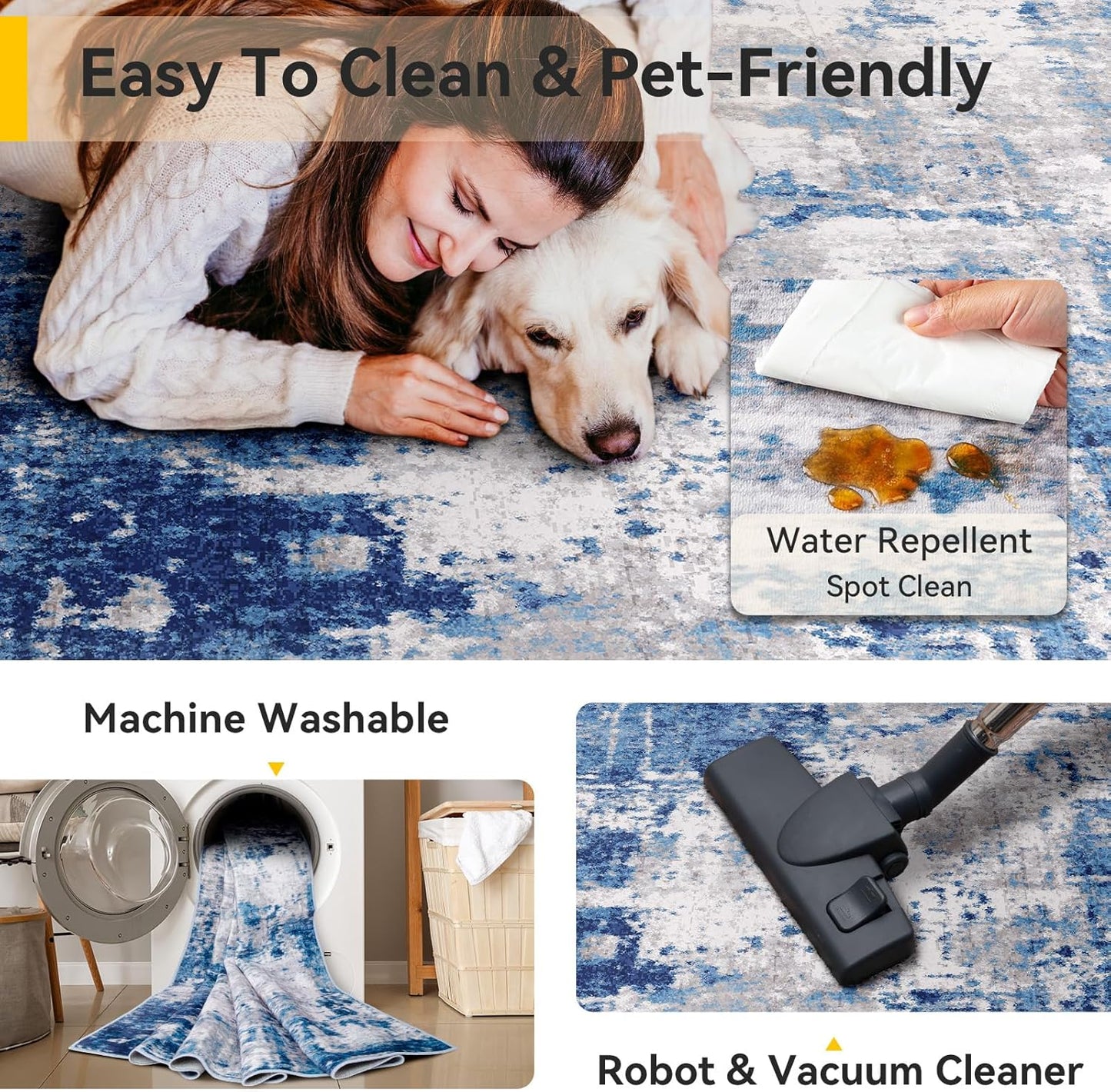 Washable Area Rugs 2'x3' Non-Slip Modern Abstract Soft for Living Room Entryway Bedroom Nursery, Print Pattern, Blue Grey Navy Gray