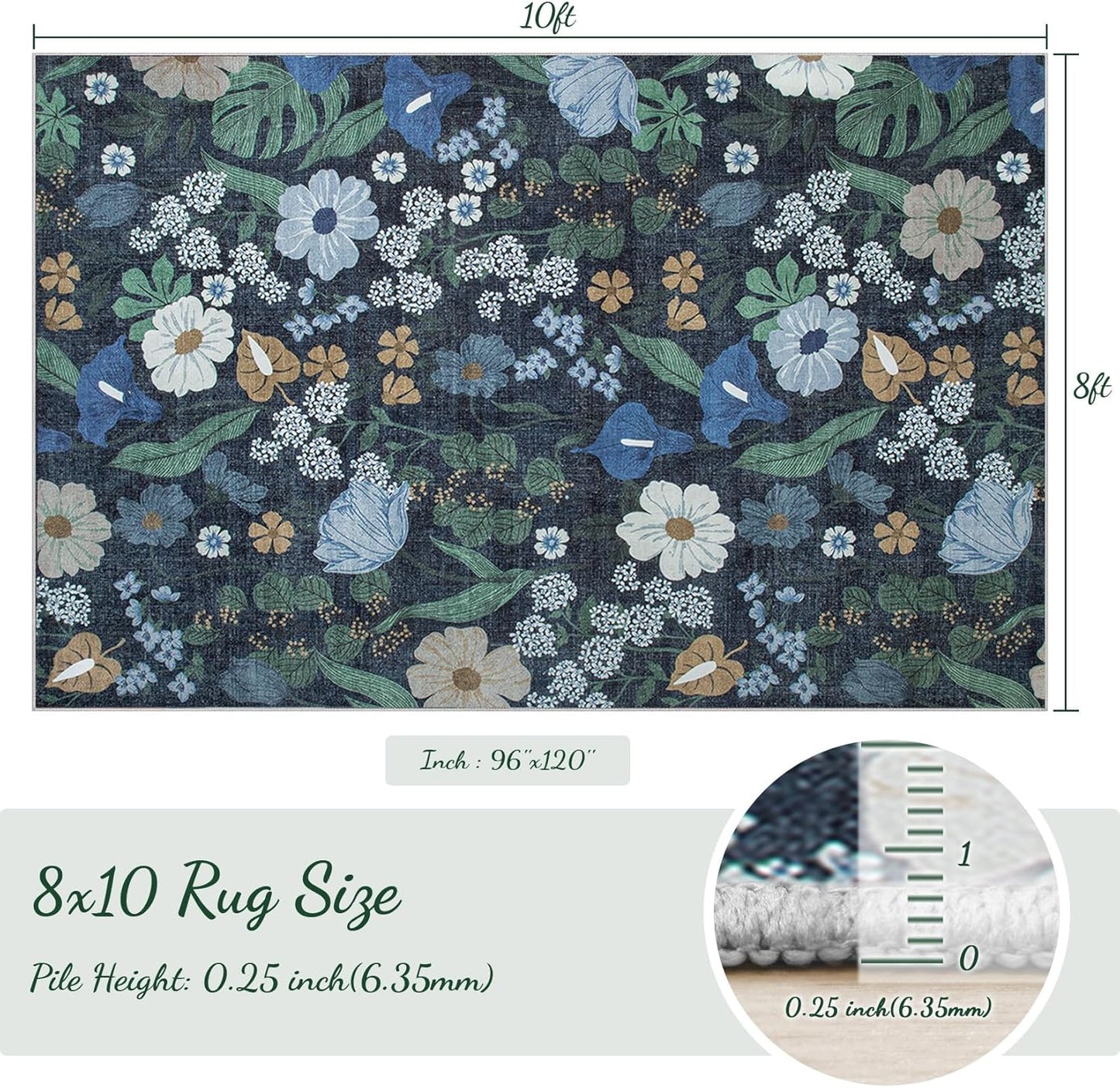 8x10 Area Rug for Living Room: Vintage Floral Washable Rug Soft Boho Non Slip Carpet Large Indoor Floor Non Shedding Low Pile Thin Carpets for Bedroom Dining Room Farmhouse Nursery Home Office Blue