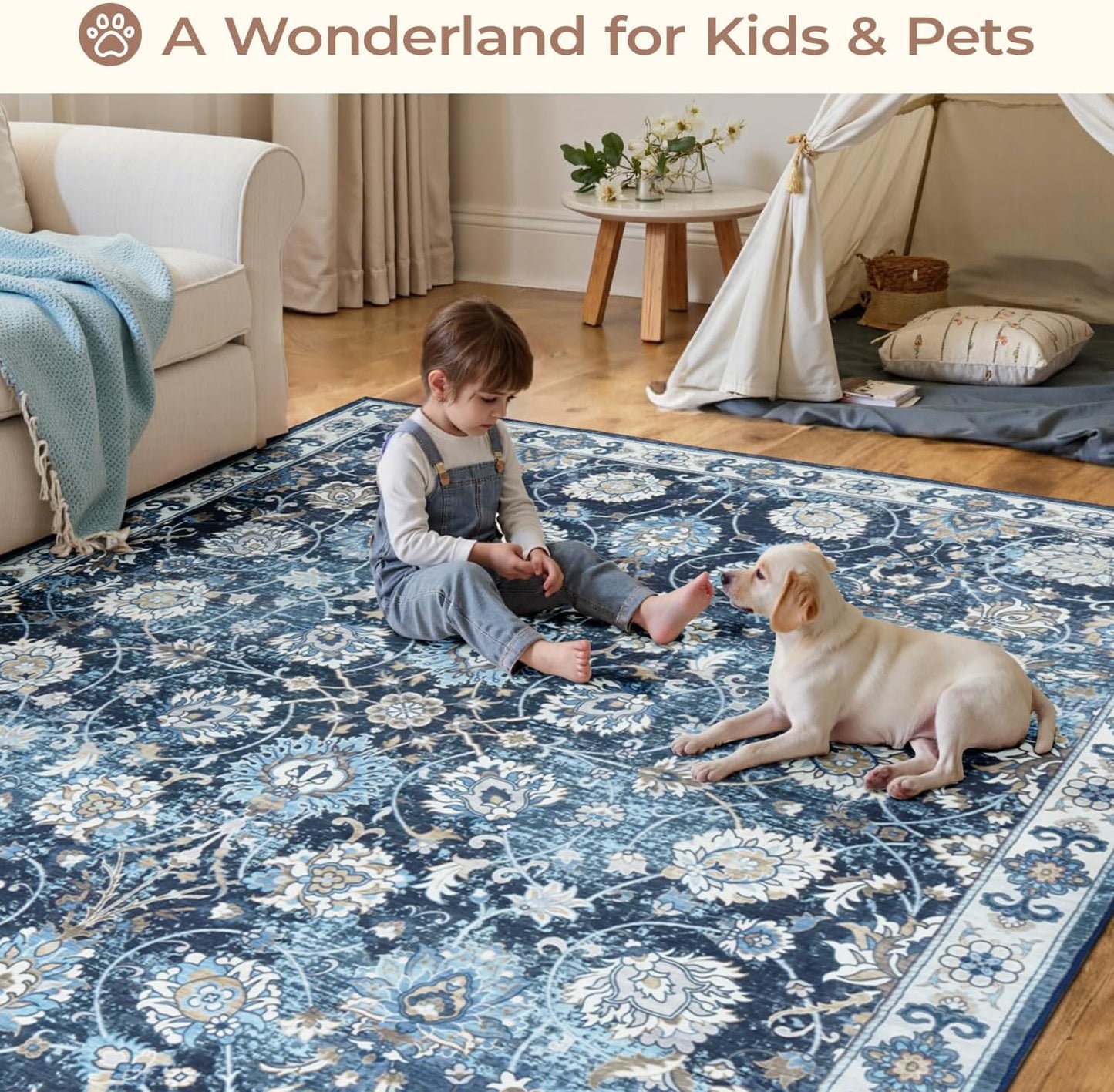 Blue 9x12 Area Rugs for Living Room, Washable Large Rug, Vintage Floral Soft Carpet, Non Slip & Low Pile, Wool Carpets for Indoor Bedroom Dining Home Playroom Office Under Table, Blue Garden