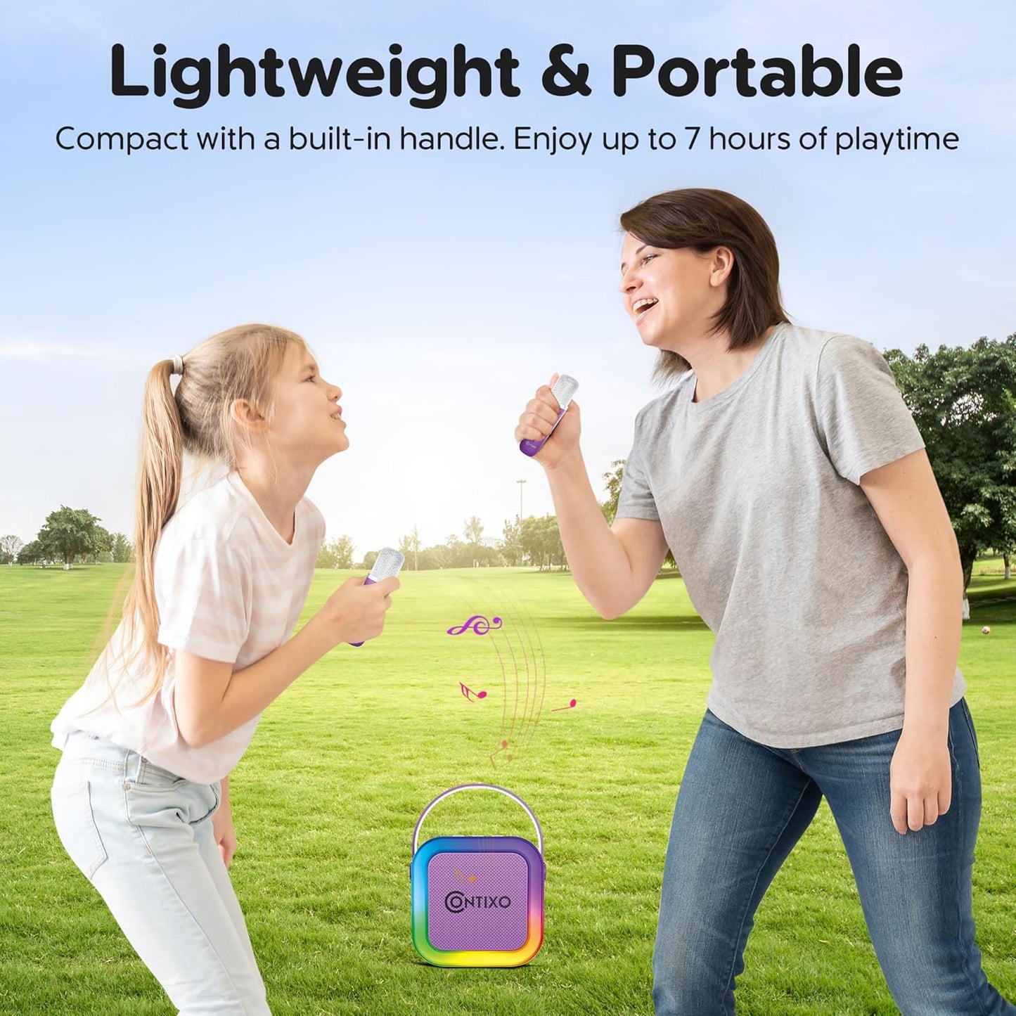 Contixo KS1A Kids Mini Karaoke Machine with LED Lights, 7–10H Playback, Dual Wireless Mics, Magic Voice Effects, Bluetooth Speaker for Children, Portable Singing Toy Gift for Boys & Girls, Purple