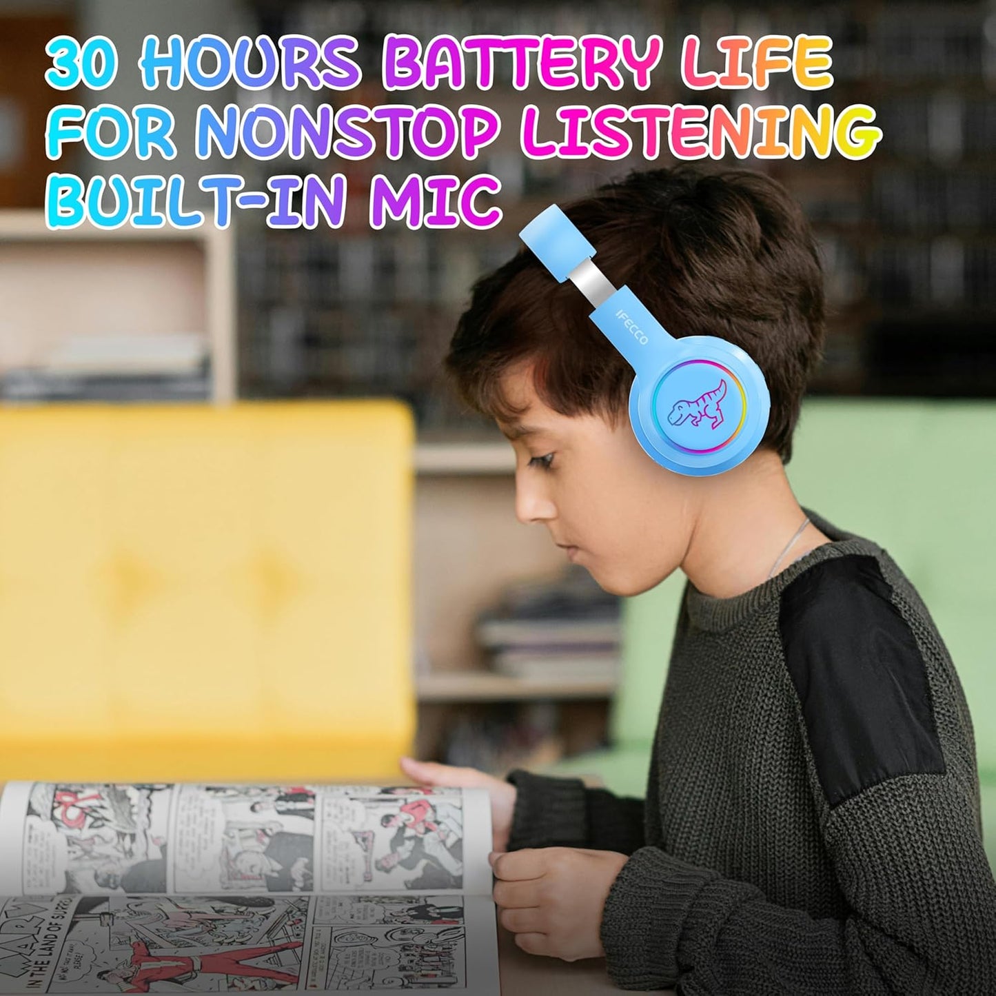 IFECCO Bluetooth Kids Boys Headphones with Microphone,Cute Light Up Dinosaur Children Wireless Headphones Volume-limiting for School Travel,Boys Gifts for 3-12years