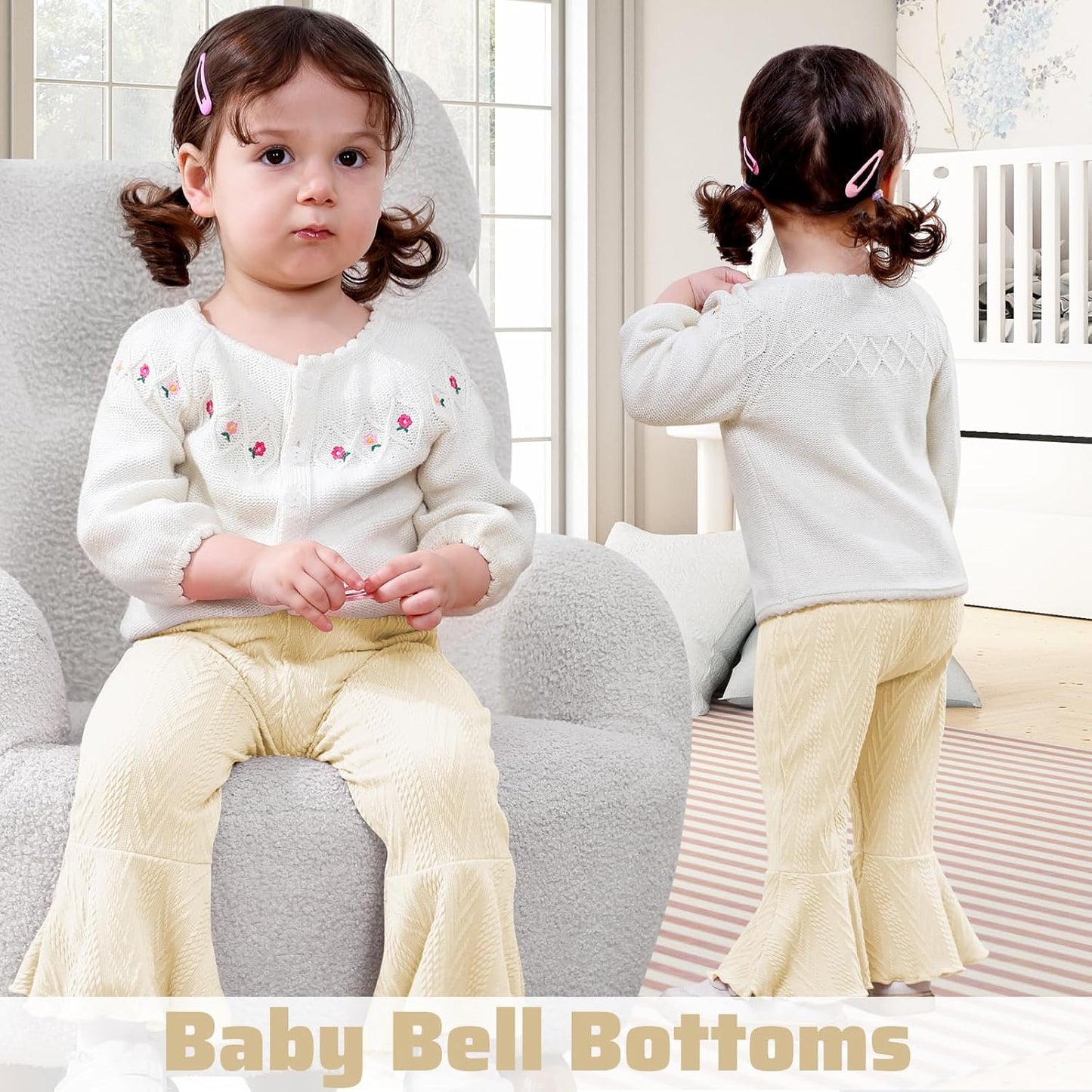 2 Pack Toddler Baby Girl Pants Flare Leggings Ribbed Knit Newborn Bell Bottoms Solid Ruffle Infant Pants for Girls