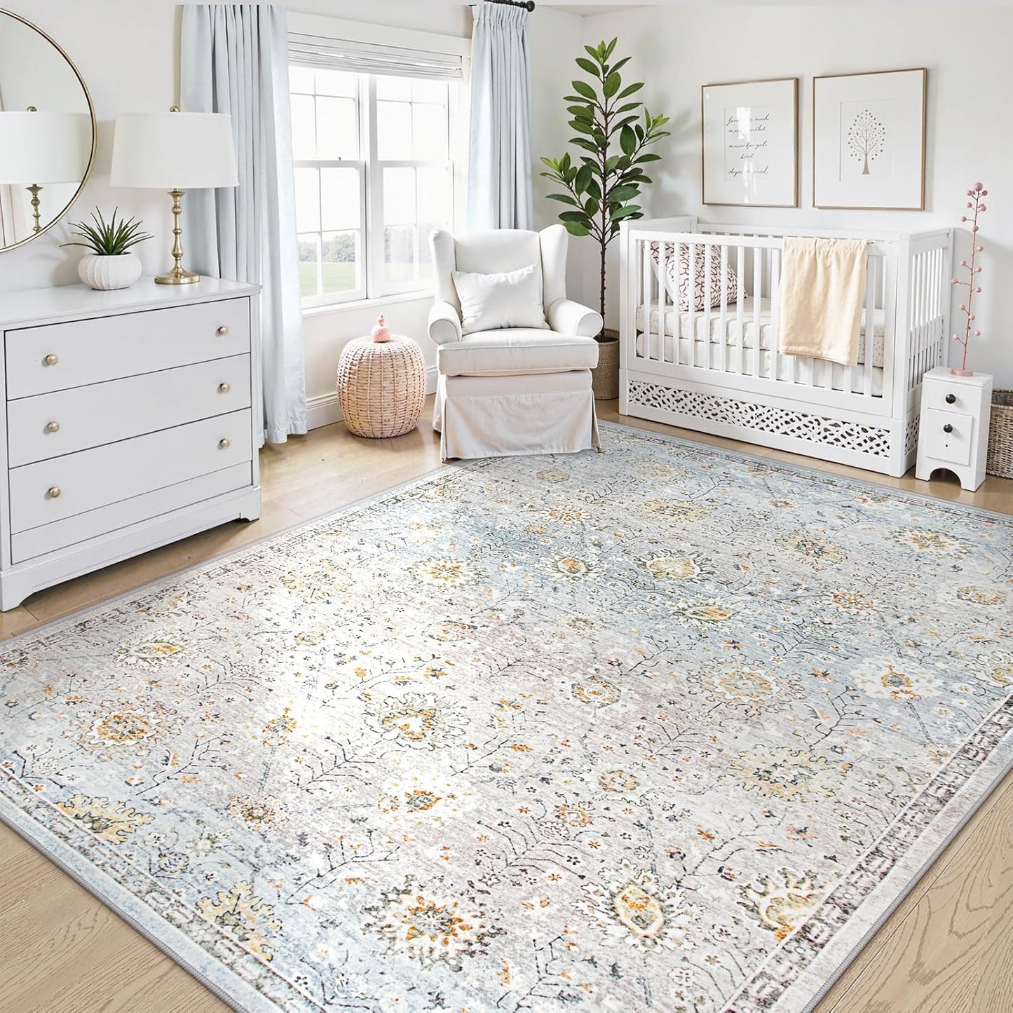 Lahome Boho Light Blue Area Rug 8x10 for Living Room, Soft Floral Rugs for Bedroom Aesthetic, Washable Floor Carpet Non Slip Indoor for Dining Room Home Decor
