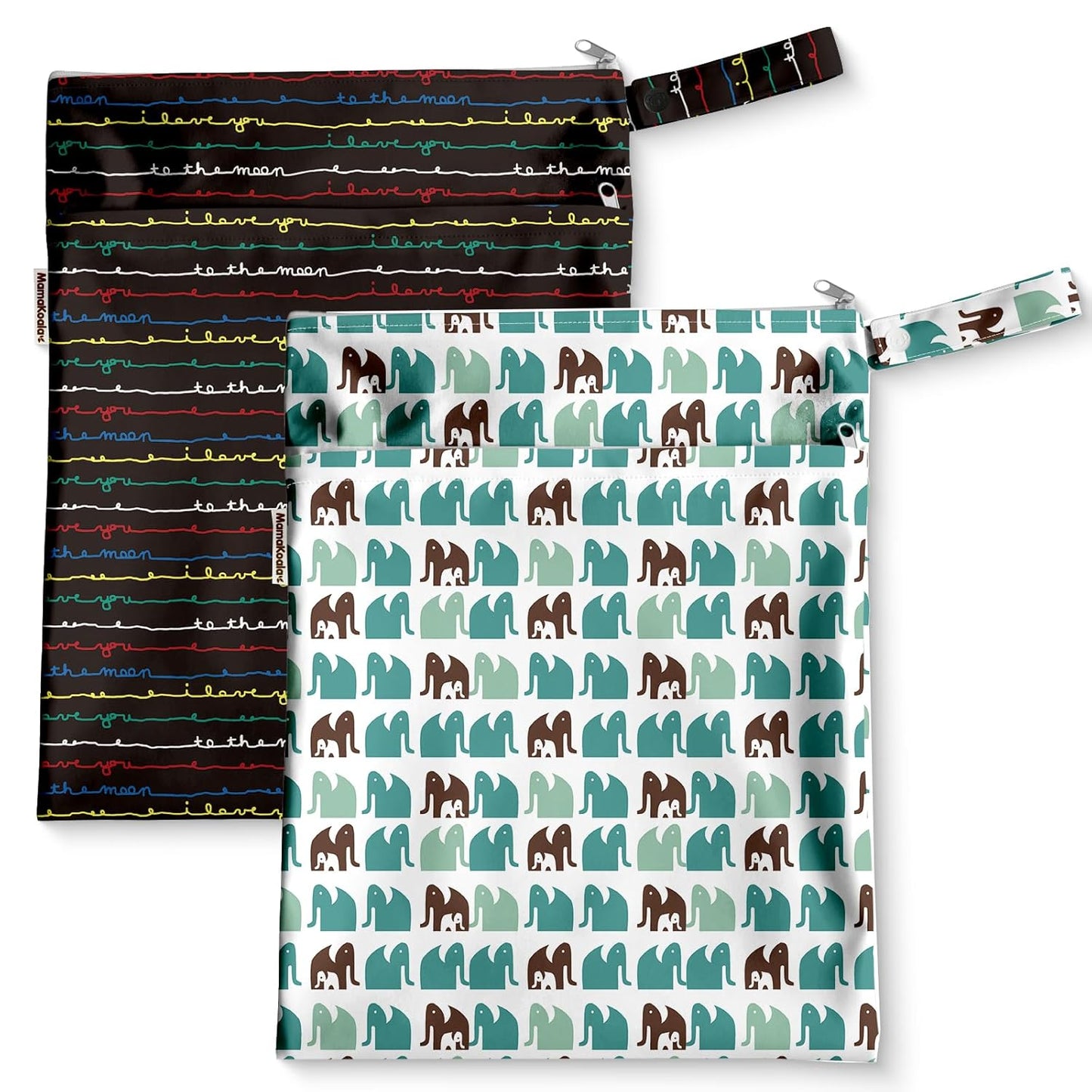 Mama Koala Waterproof Wet Dry Bags for Baby Items, Cloth Diapers, Swimsuits, Travel, Gym Clothes, Beach, Pump Parts, Toiletries, Two Zippered Pockets, 2 Pack (W022)