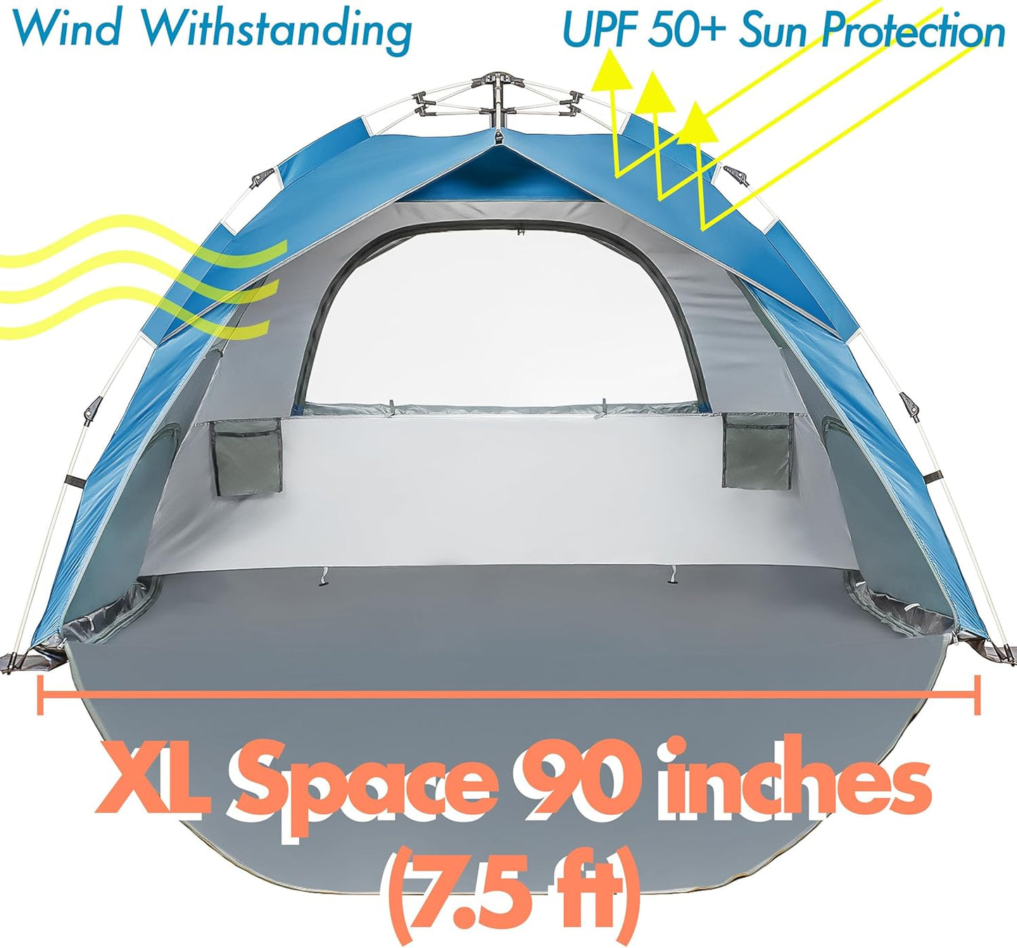 Beach Tent Pop Up Beach Sun Shade Tent with UPF 50+ UV Protection, Removable Floor Zippered Privacy & Ventilation Sun Shelter Family 3 to 4 Person