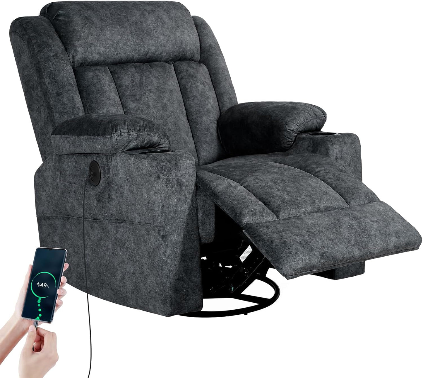 Retro Rocking Recliner Chair, Massage Rocker Recliner Chair with Vibration Massage and Heat, USB and Type-C Ports,360° Swivel Chairs,Living Room, Bedroom, Nursery, RV, Dark Grey