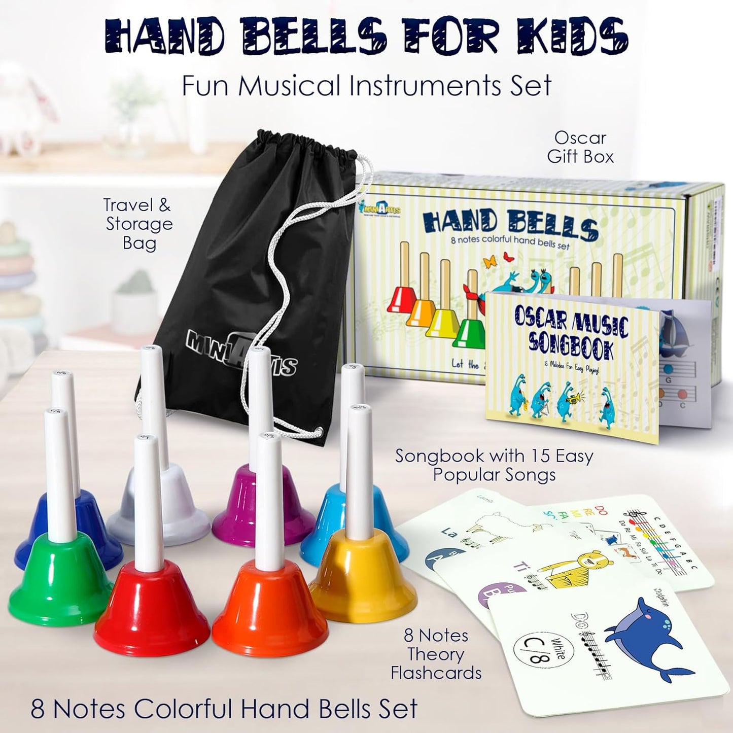 MINIARTIS Hand Bells for Kids | Educational Music Toys for Toddlers 8 Notes Colorful Handbells Set | Kids Musical Instrument with 15 Songbook, Theory Flashcards | Great Birthday Gift for Children