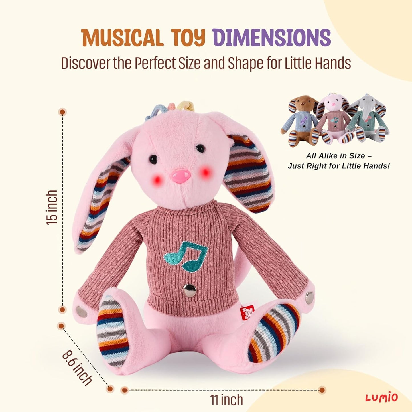 Lumio Musical Stuffed Animal Plush Toy with Lights & Sounds - Cute Interactive Toy for Newborns, and 3 6 12 to 48 Months (Elephant)