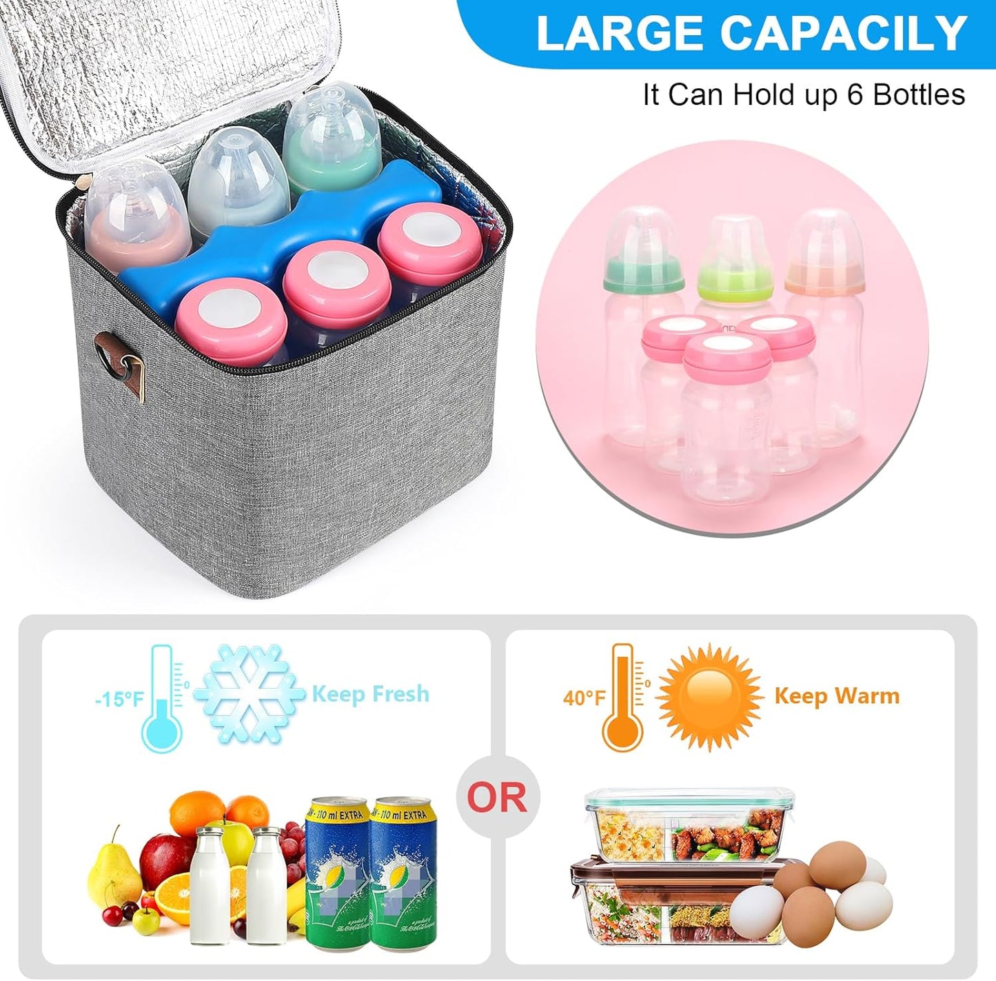 Accmor Breastmilk Cooler Bag with Ice Pack, Baby Bottle Cooler Bags, Insulated Bottle Cooler Tote Bags On The Go, Fits 6 Large 9oz Bottles, for Nursing Mom Daycare Travel, Grey