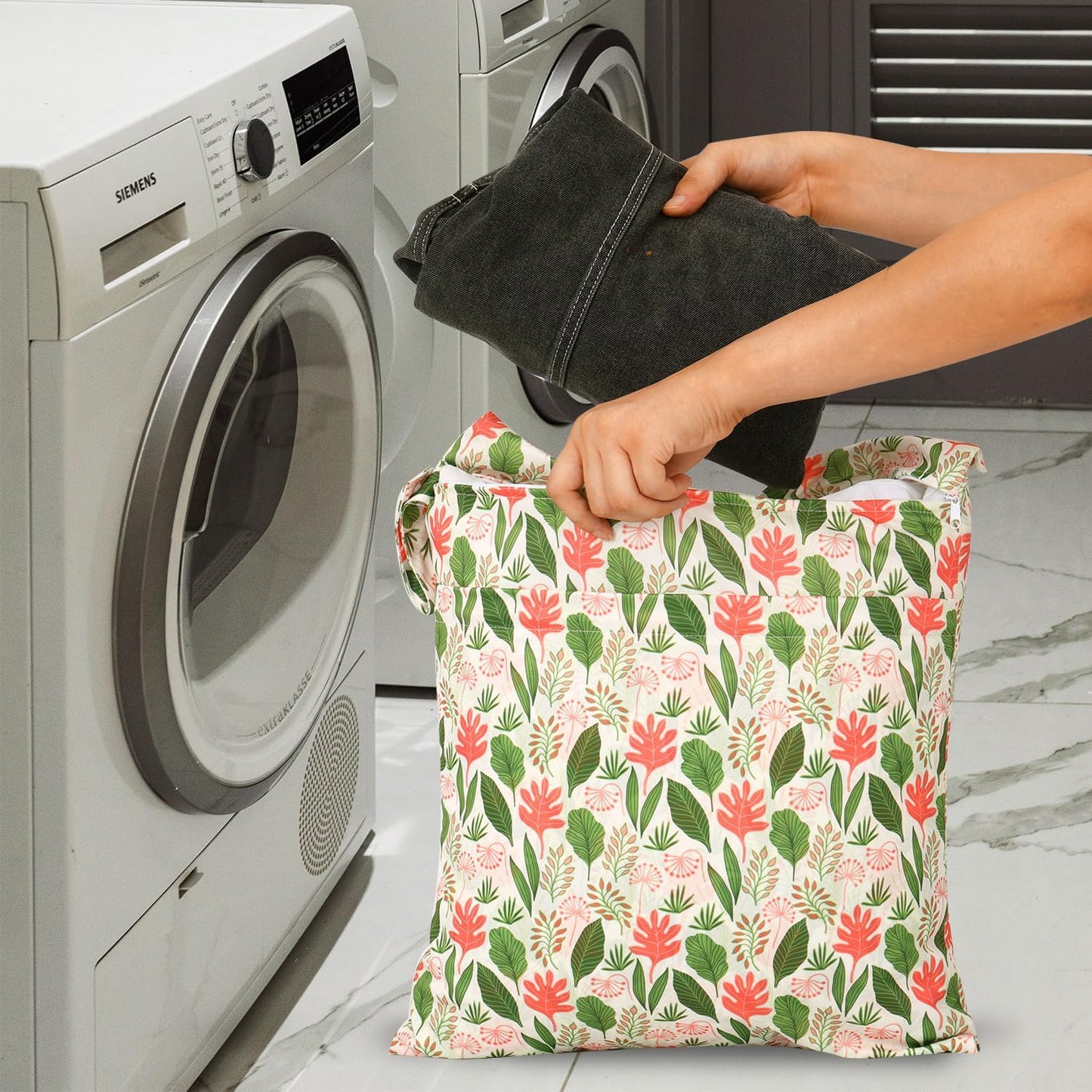 2pcs Travel Waterproof Laundry Bag, Cloth Diaper Wet Dry Bags with Handle & 2 Zipper Pockets, Reusable Washable Dirty Clothes Bag for Baby Adult Travelling Hanging, Bathing Beach Pool Daycare