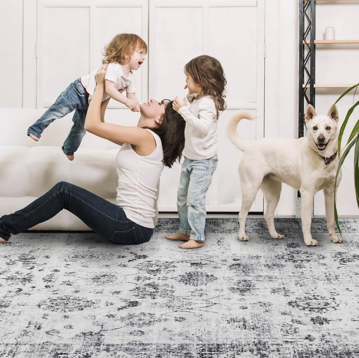 9x12 Area Rug Living Room Rugs, Stain Resistant Washable Rug, Vintage Large Non-Slip Backing, Low Pile Lightweight Print Rug for Bedroom Dinning Room Home Office (White/Grey)