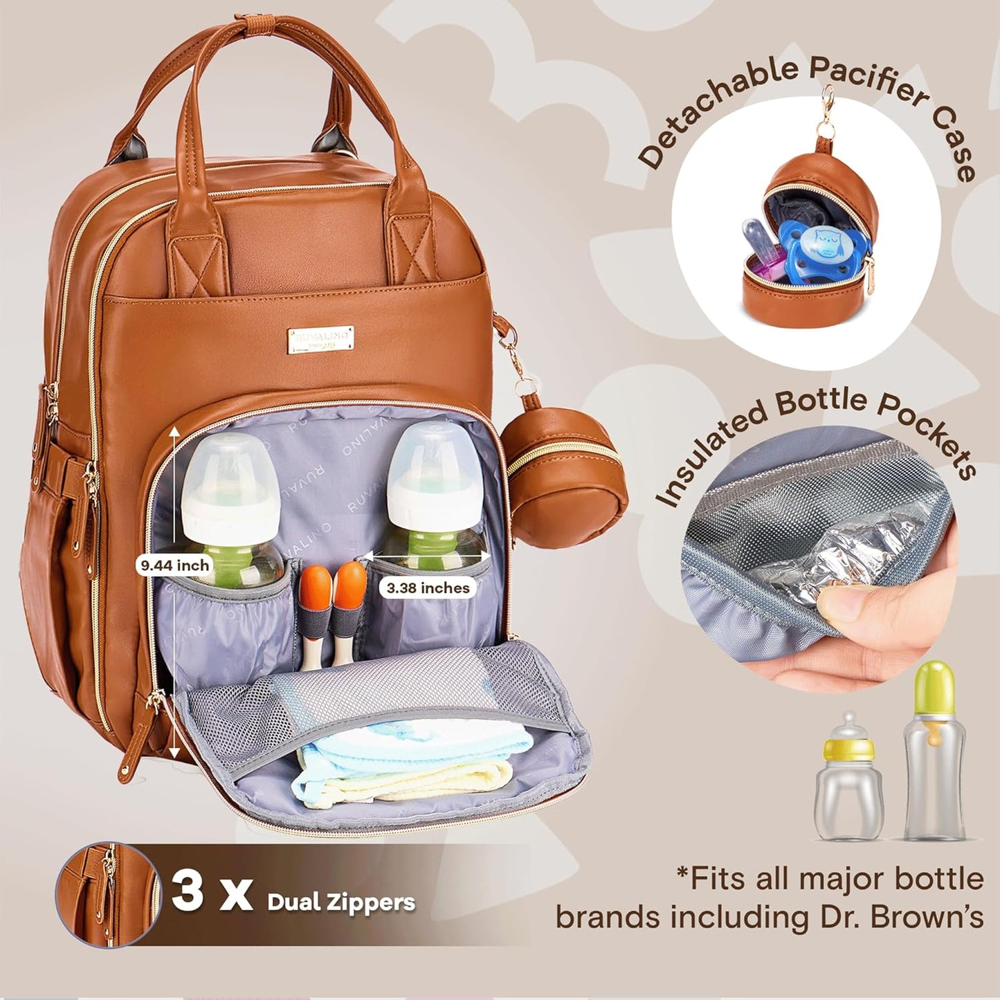 RUVALINO Diaper Bag Backpack, Multifunction Travel Pack Maternity Baby Changing Bags, Large Capacity, Waterproof, Brown
