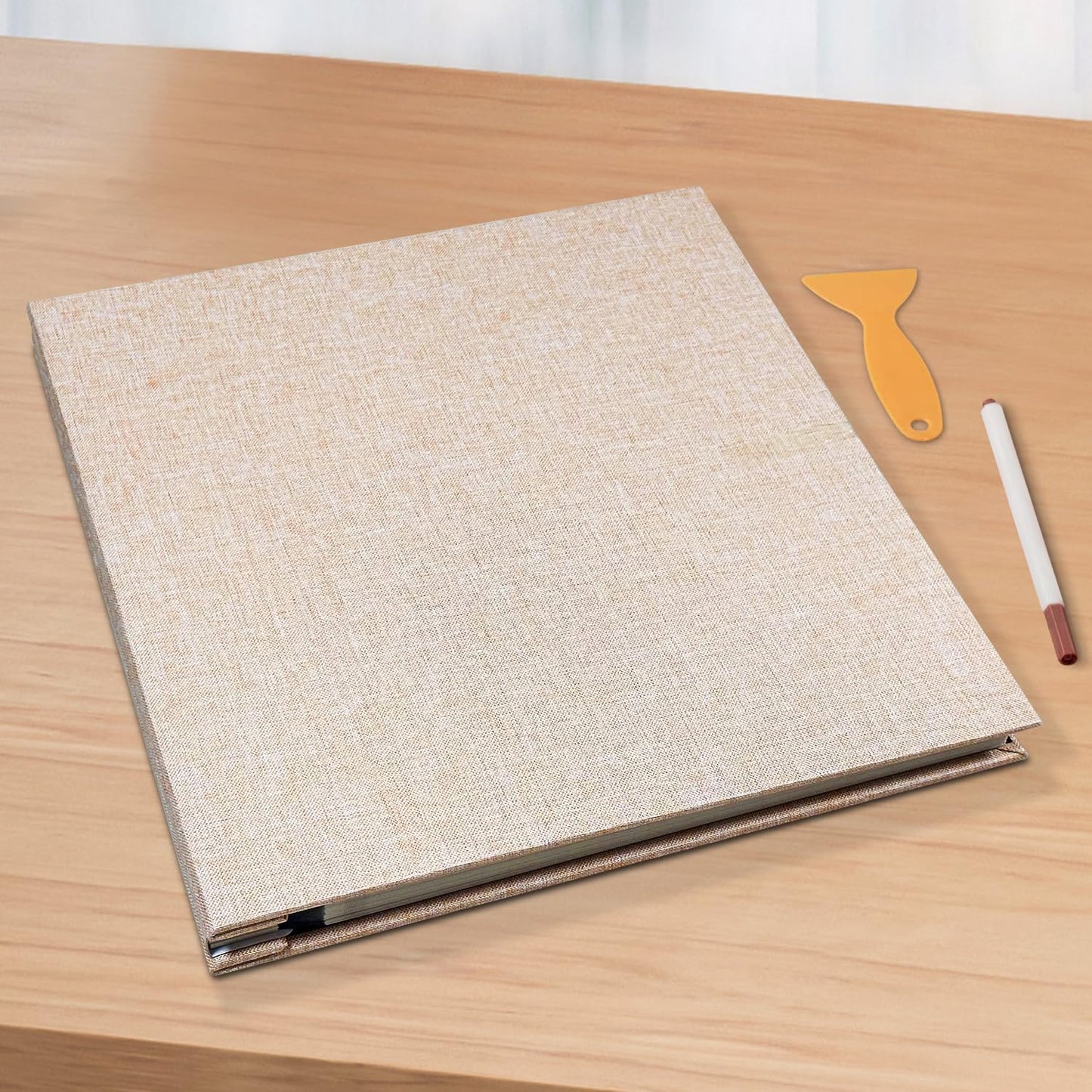 Large Photo Album Self Adhesive Scrapbook Album for 4×6 5×7 8×10 Pictures DIY Magnetic Linen Cover Album 40 Pages for Family Wedding Gifts with Metal Pen and Plastic Board, Light Beige
