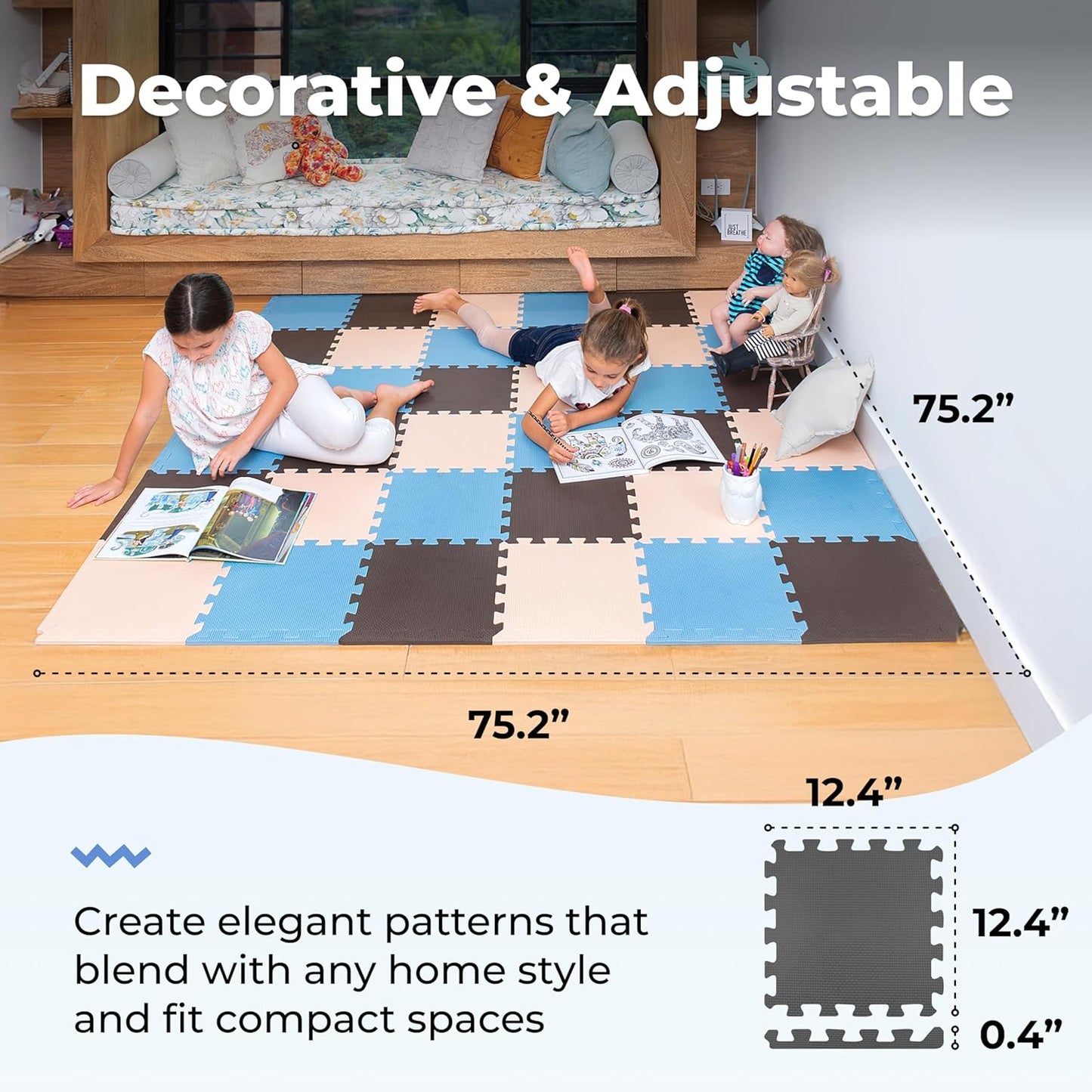 MioTetto Foam Floor Tiles for Kids - Non-Toxic Comfortable Baby Play Mat and Interlocking Foam Tiles, Fits with 74x74 Playpen Mat for Crawling & Development, Soft Play Mat for Babies 6-12 Months