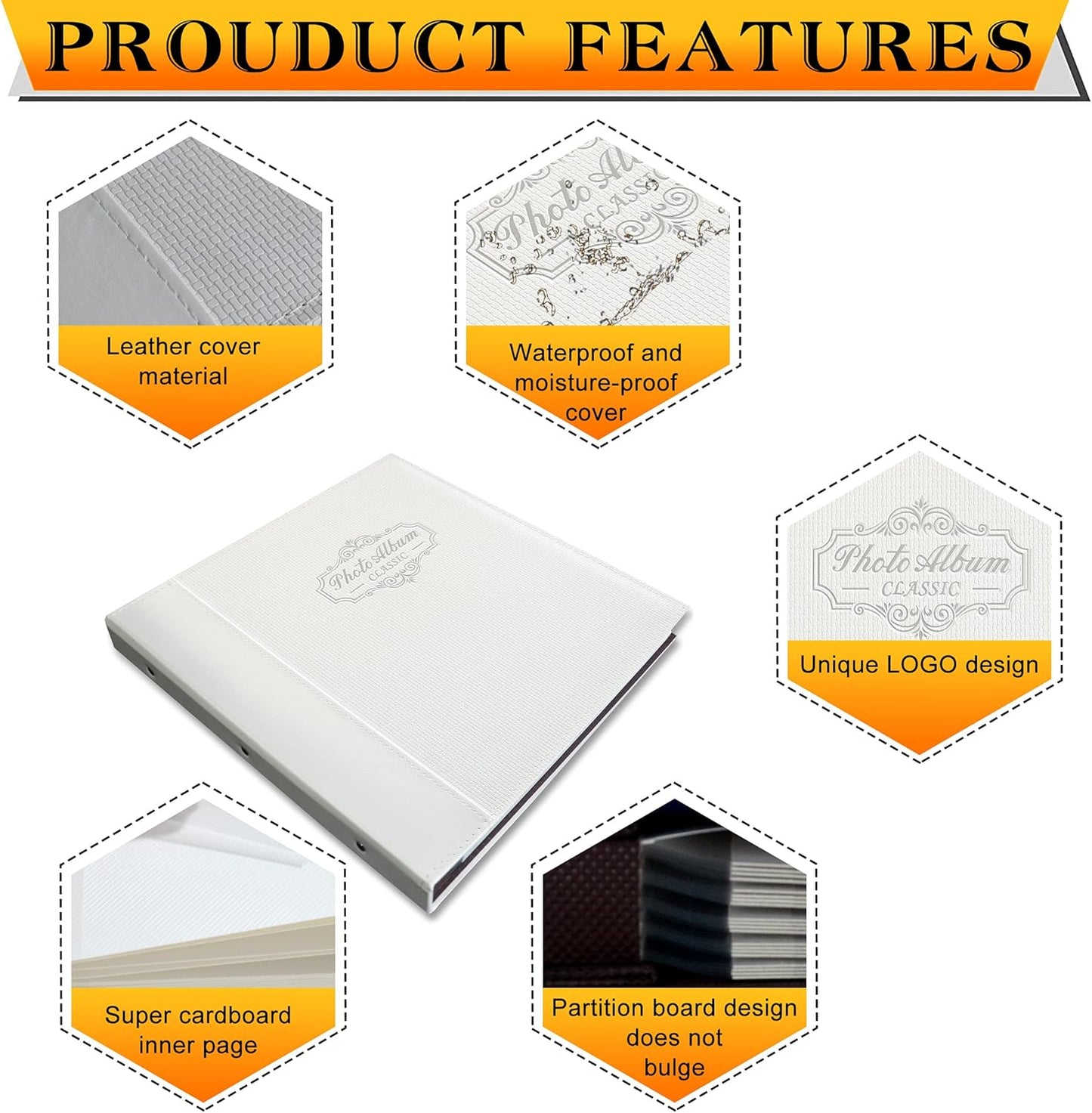 Photo Album Holds 3X5, 4X6, 5X7, 6X8, 8X10 Photos, Leather Cover, Magnetic Self-Stick Page, Hand Made DIY Albums (White, Large)