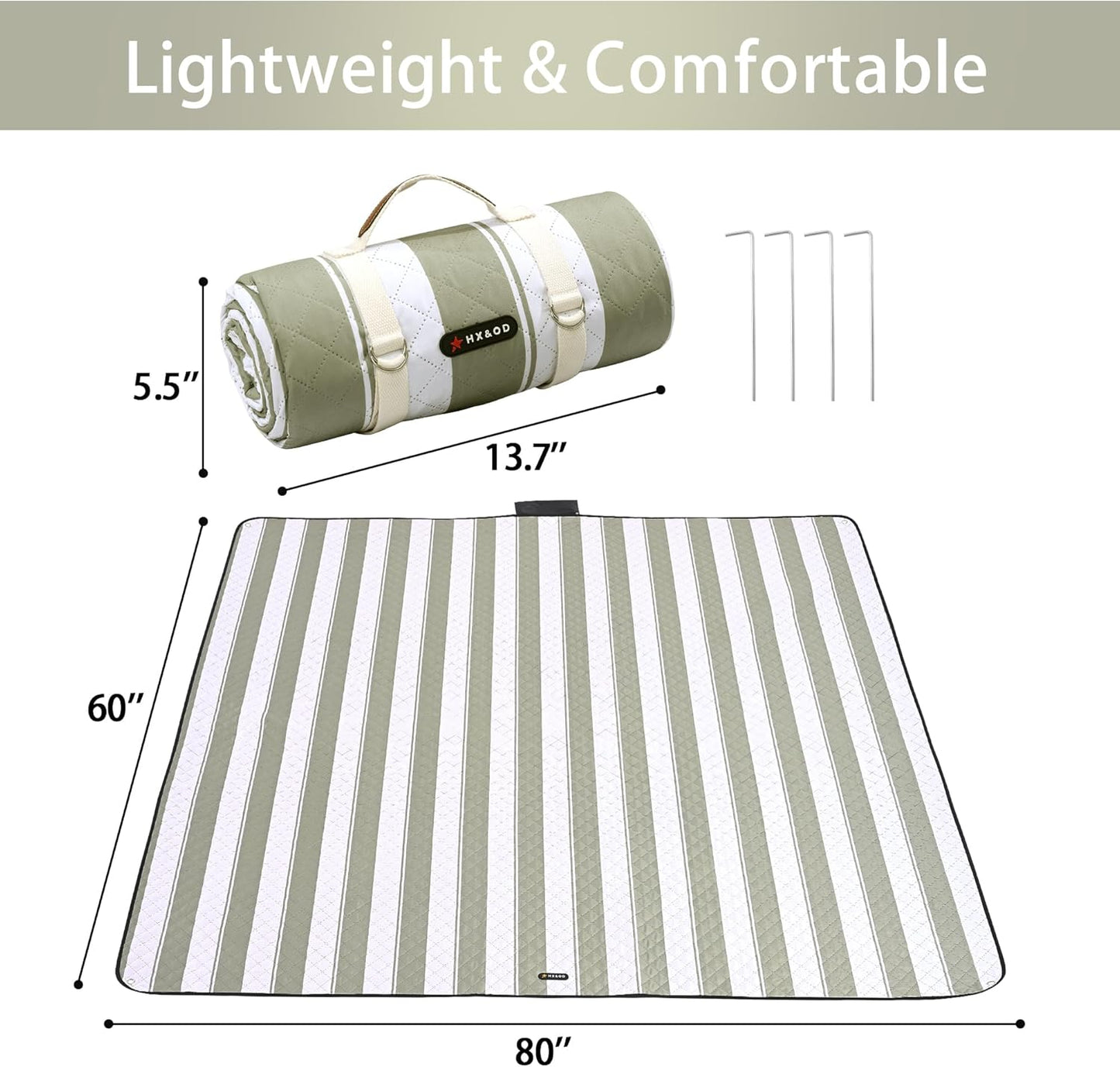 HX&OD Outdoor Picnic Blanket Extra Large, 80''*60'' Waterproof Picnic Mat with Stakes Foldable Camping Blanket Portable with Carry Strap for Beach Mat (Green& White, 80''*60'')