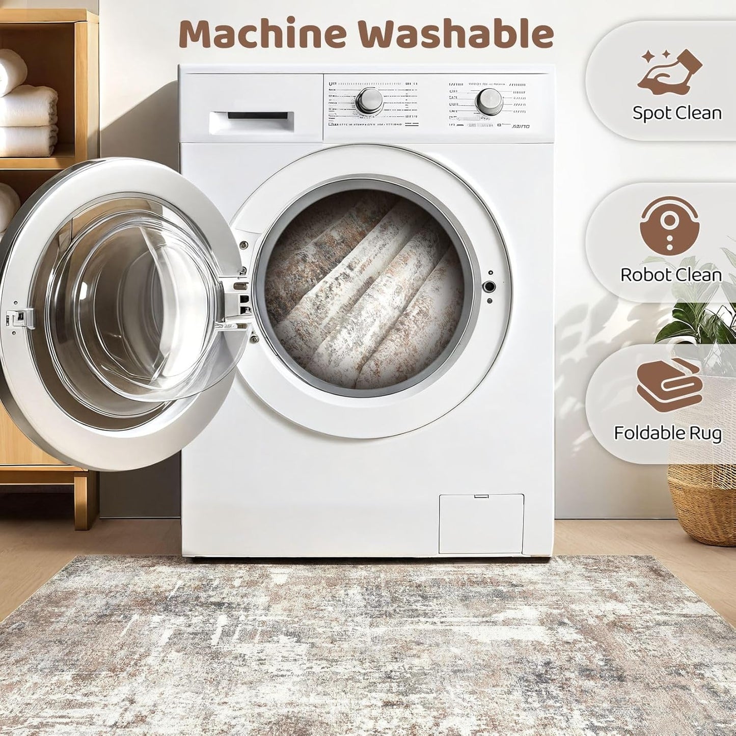 Round Rug Living Room Rugs: 5Ft Washable Circle Large Abstract Modern Soft Stain Resistant Non Slip Indoor Floor Carpet for Bedroom Nursery Office Dining Room Dorm Home House Decor- Brown