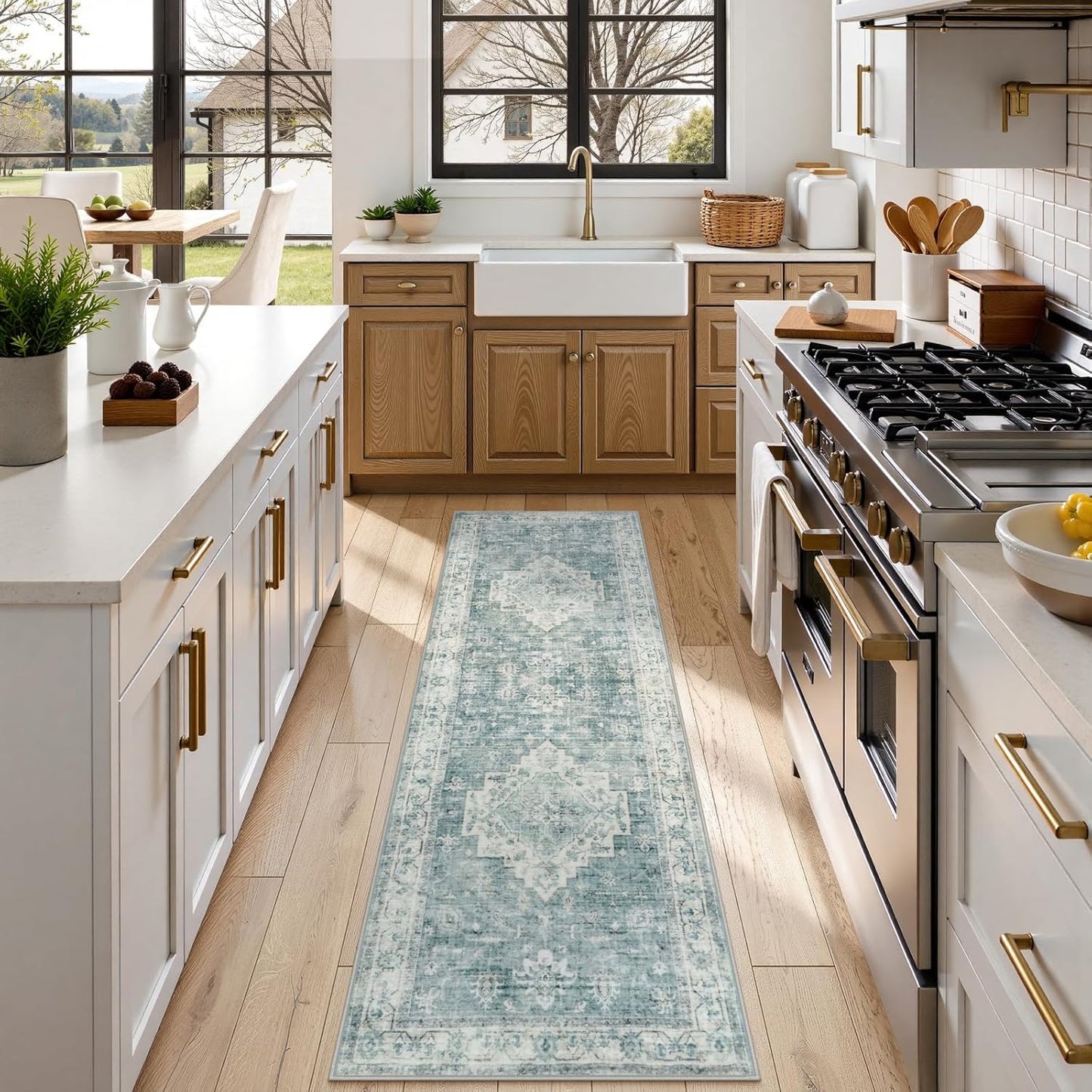 LIVEBOX Washable 2x6 Runner Rug for Bathroom, Non Slip Kitchen Mats for Floor Entryway, Boho Indoor Front Door Mat Low-Pile Runners for Hallways, Farmhouse Rugs for Bath Laundry, Blue