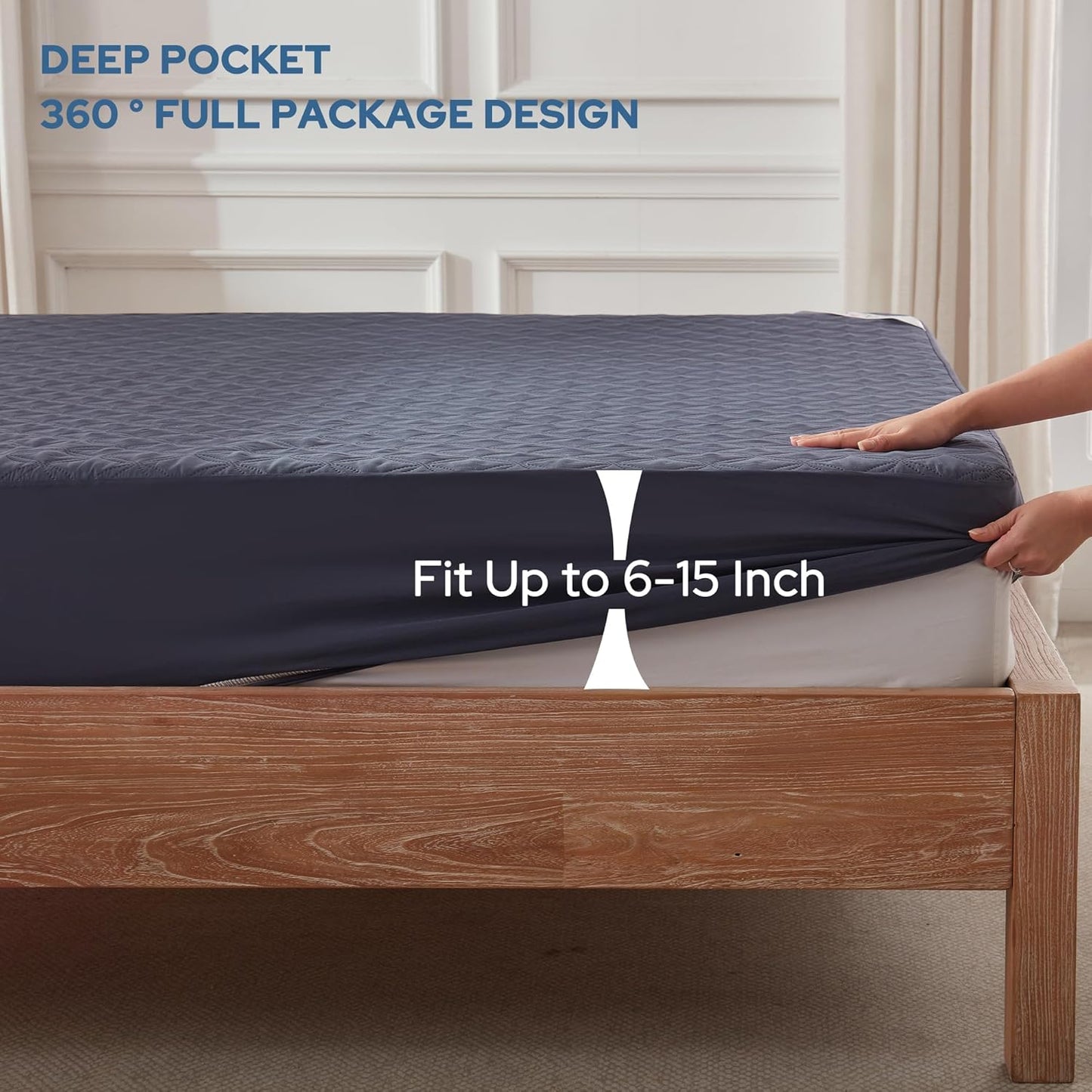 BEDLORE Waterproof Mattress Protector, Twin XL Size Noiseless Mattress Pad with Deep Pocket 6"-15" Depth, Soft Breathable Bed Mattress Cover Washable for Home, Bedroom, Hotel (Navy Blue)