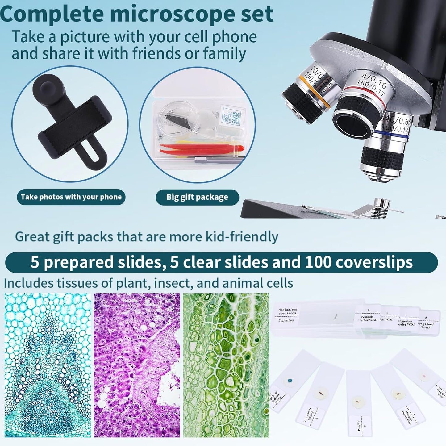 Microscope for Kids 40X-2000X, Microscope for Children 8-12 Years Old with LED Fill Light, Slides and specimens Ideal for School Labs Homeschooling