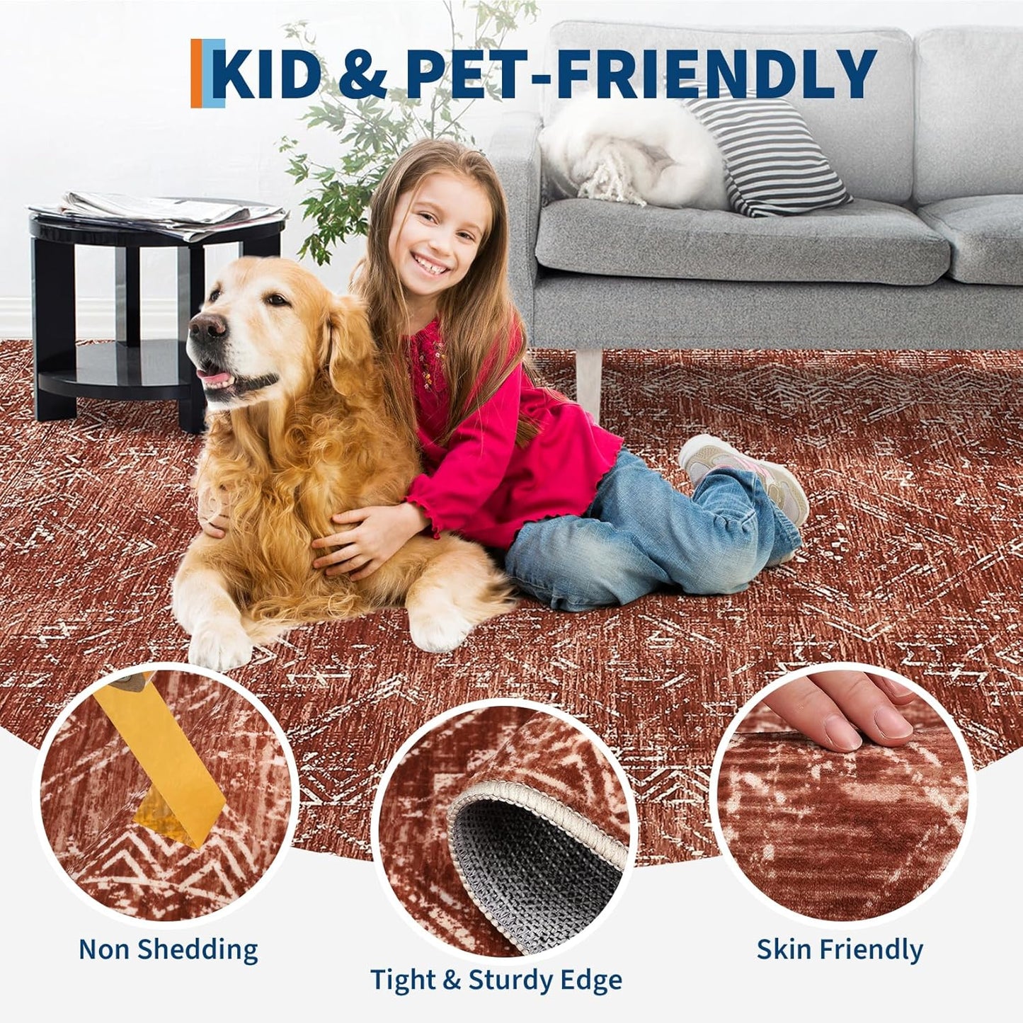 COZYLOOM 8x10 Rug Modern Indoor Area Rug Machine-Washable for Living Room or Bedroom Softness Foldable Mat for Easy Storage Geometric Design Non Slip Rug Low Pile Stain Resistant Carpet, Brick Red