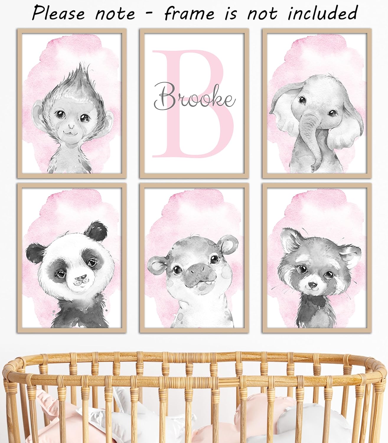 Safari Animals Set of 6 Unframed Poster Prints for Baby Girls Nursery Bedroom Playroom, Personalized Name, Choice of 12 Animals, Pink Purple (8x10)
