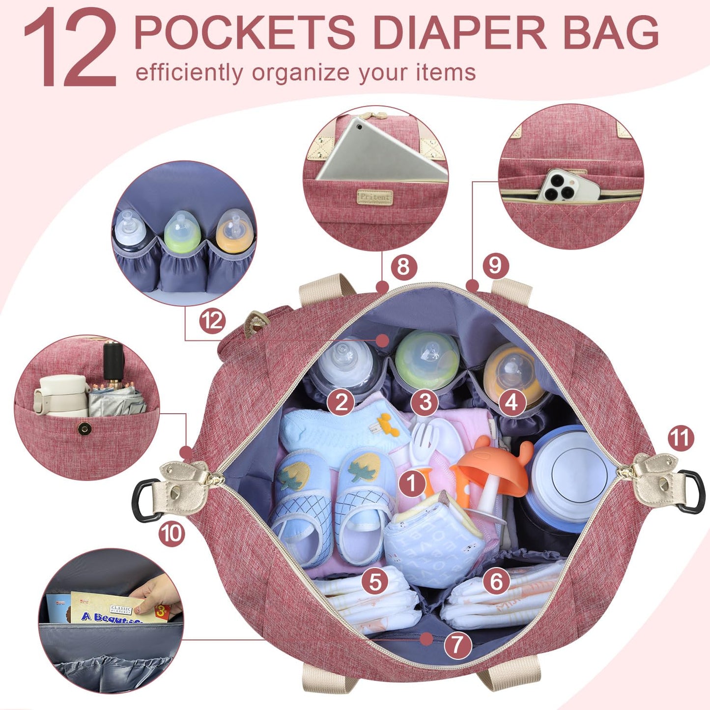 Diaper Bag Tote - Diaper Baby Bags with Pacifier Case, Shoulder Straps, Stroller Clips, Waterproof Large Mommy Bag Maternity Bag Travel Baby Bag for Mom and Dad, Pink