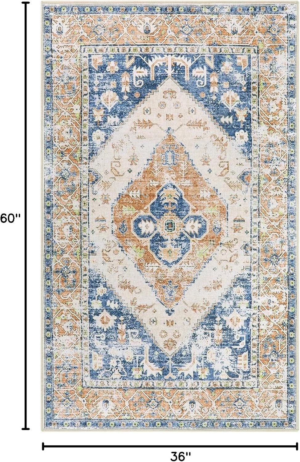 Lahome Boho Washable Living Room Rug 3x5 Throw Non-Slip Area Rug for Bedroom Lightweight Thin Rugs for Entryway Kitchen Vintage Distressed Print Aesthetic Capet for Office Bathroom Laundry Room