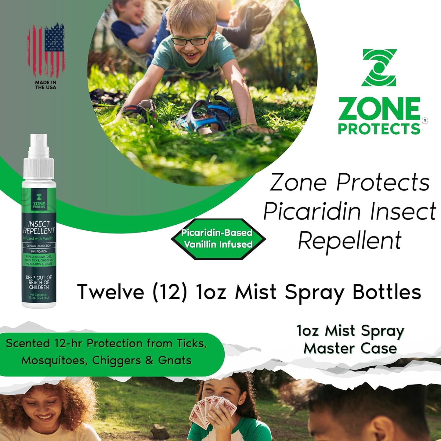 Scented Picaridin Insect Repellent; Twelve 1oz Mist Spray Bottles; 12-hr Proven Protection; Ticks, Mosquitoes, No-Seeums, Gnats and Chiggers