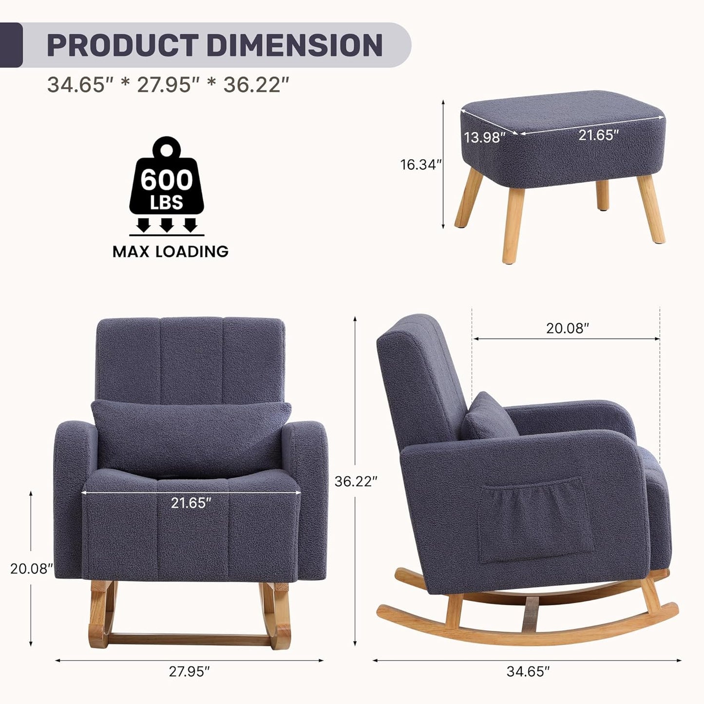 Rocking Chair with Ottoman, Upholstered Glider Rocker with High Backrest and Side Pocket, Comfy Reading Chair with Solid Wood Legs for Nursery, Living Room,Bedroom Dark Grey