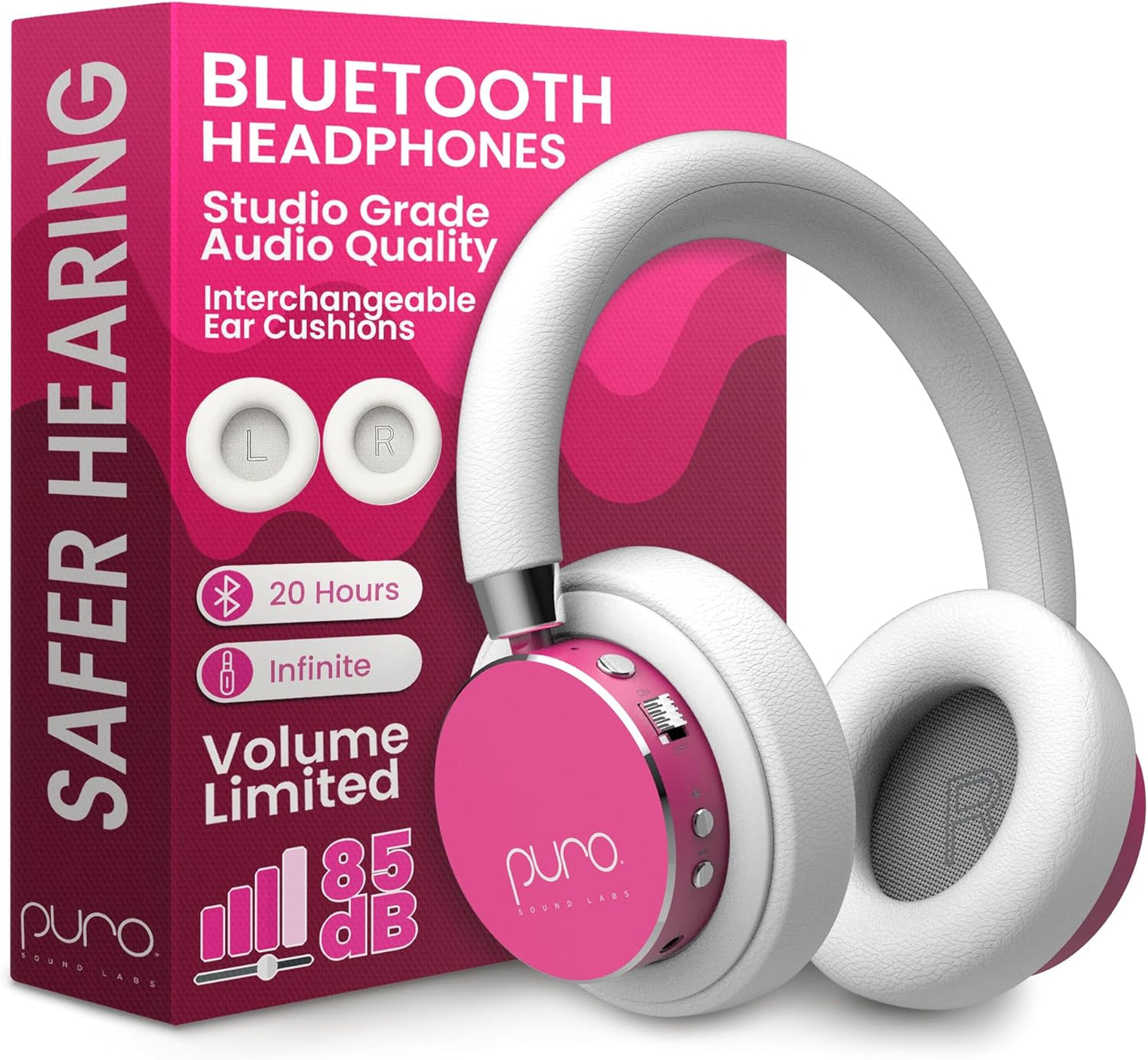 Puro Sound Labs BT2200 Plus Kids Bluetooth Headphones – Volume-Limiting 85dB, Studio-Grade Audio, Over-Ear & Comfy Design, 20-Hour Battery Life, Easy to Connect Wireless Headphones for Kids, Pink