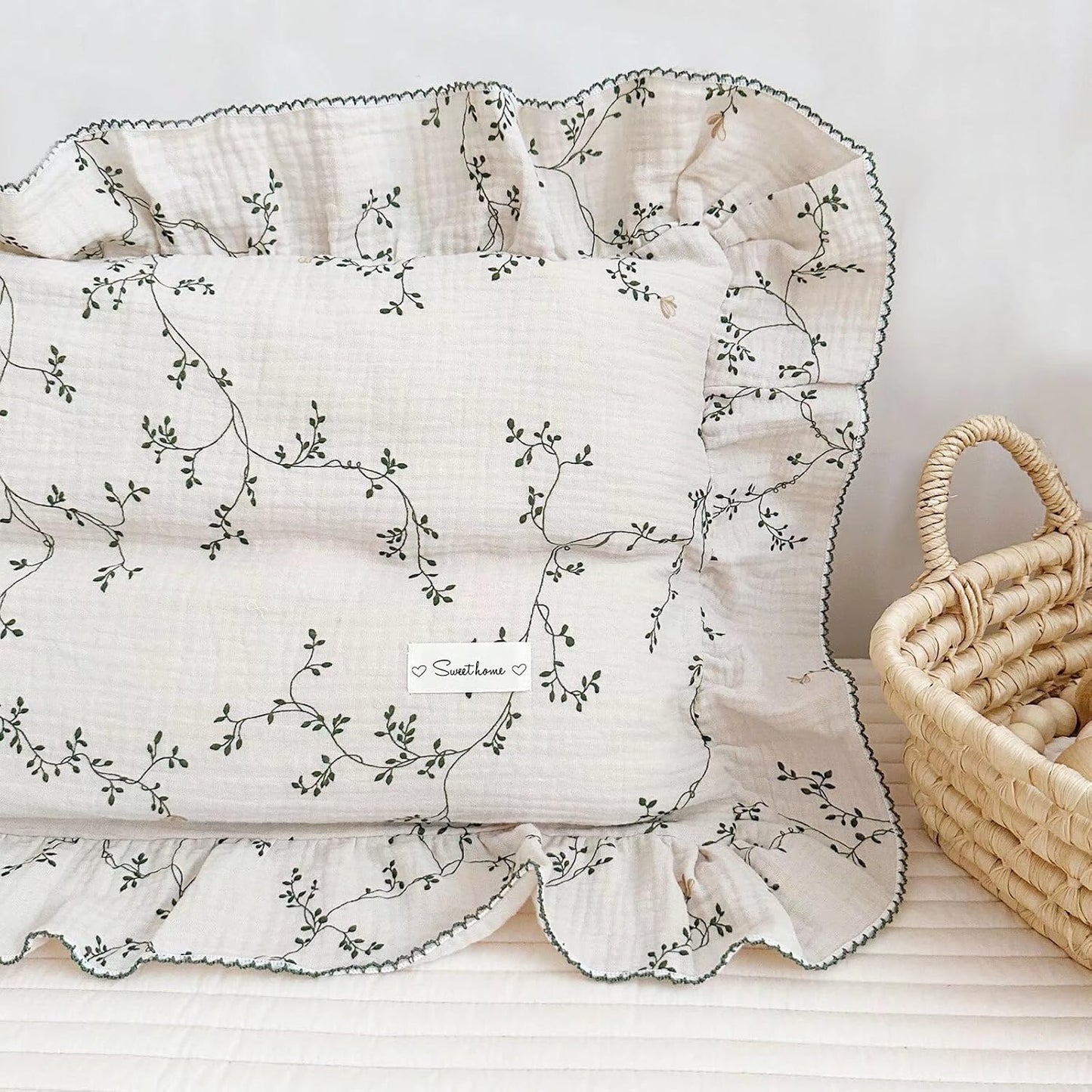 BuLuTu Muslin Toddler Pillowcase Boys Girls Shabby Chic Floral Design Pillow Cases 100% Cotton Gauze Pillow Covers with Envelope Closure,Soft Breathable,Vine Pattern,14"x20"