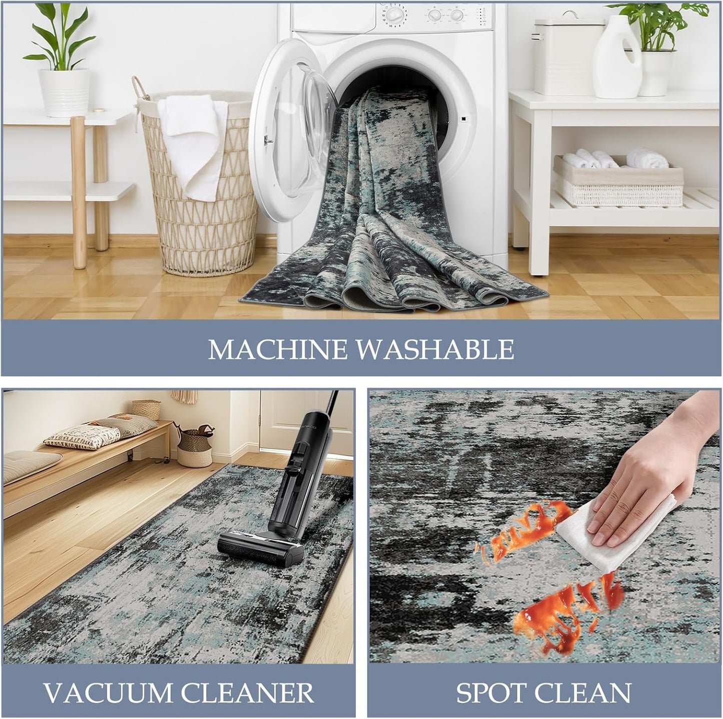 Washable Area Rugs 2'x6' Non-Slip Modern Abstract Soft for Living Room Entryway Bedroom Nursery, Print Pattern, Blue Black Teal