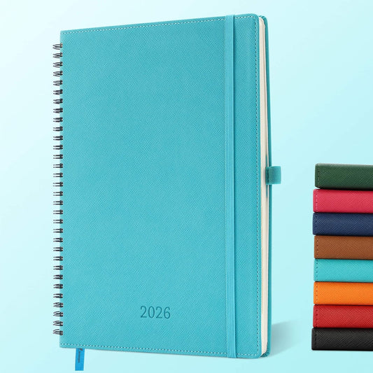 IN-LUXPRO Planner 2026 Daily Weekly and Monthly,11.5"x8.5",12 Months Spiral Bound Calendar Agenda with Self-adhesive Pen Holder,2026 Appointment Book with Vegan Leather Soft Cover,Light Blue