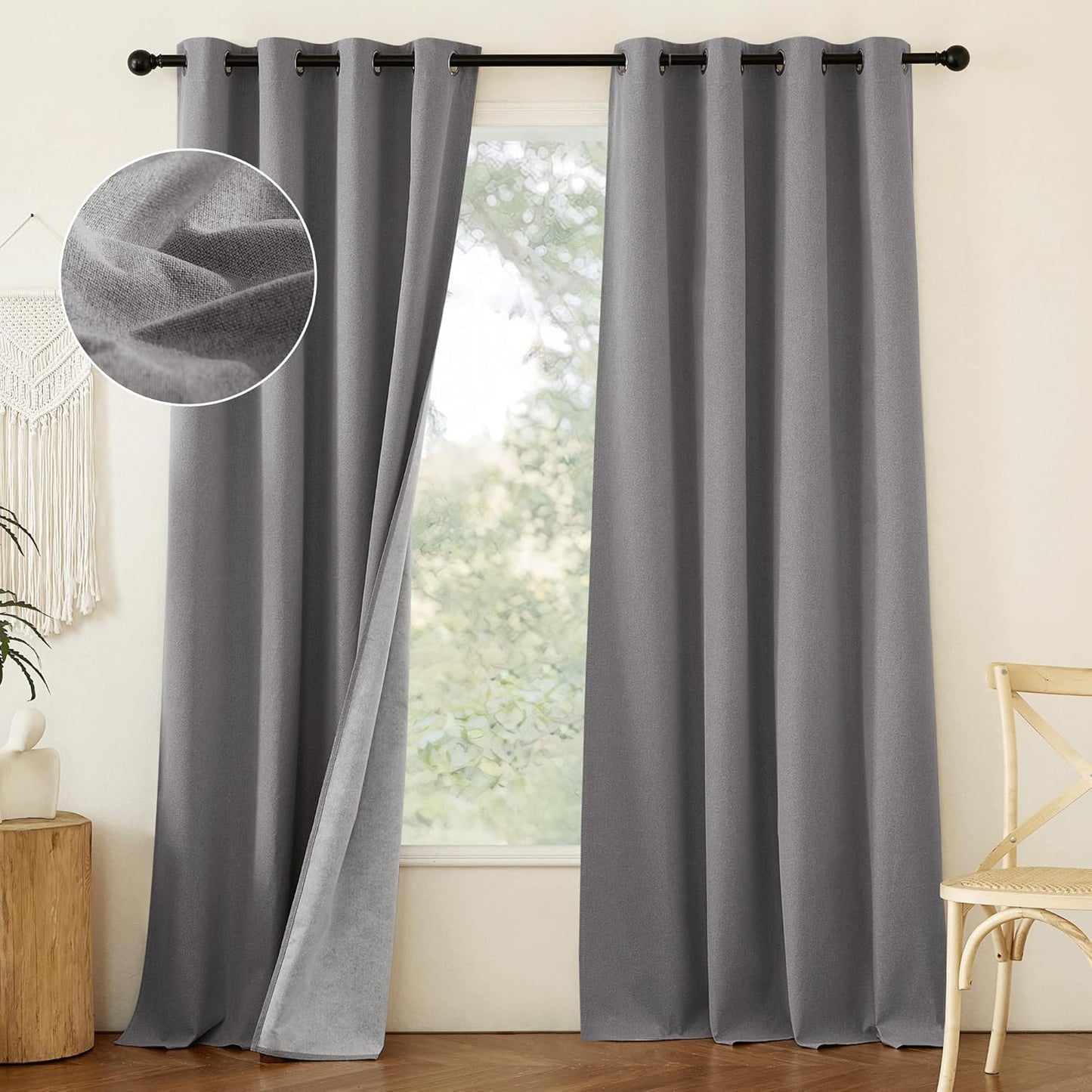 NICETOWN Grey Long Faux Linen Full Shade Panels, 52" Wide x 90" Long, Pair of Thermal Insulated & Energy Efficiency Blackout Curtains for Bedroom Windows, Lined Silky Performance Window Dressing