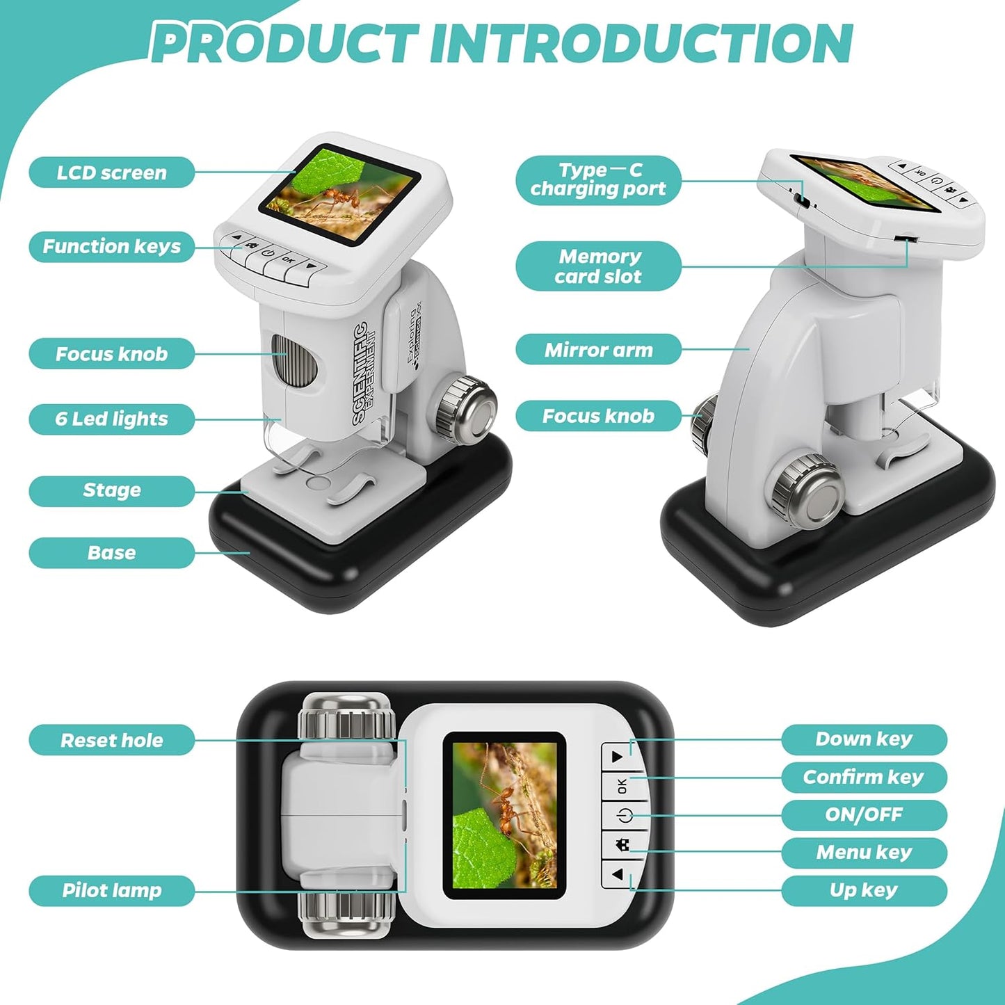 Rechargeable Digital Microscope for Kids 1200X - 2'' LCD Screen STEM Toy with 32G SD Card for Photo/Video, Portable Pocket Microscope for Boys Girls Ages 6,7,8-12, Science Kit Gift Birthday Christmas