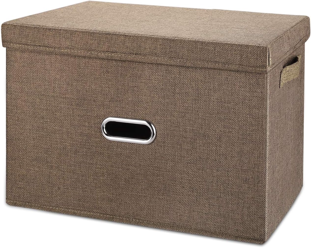 Linen Fabric Collapsible Storage Bins with Removable Lids and Handles, Washable Storage Box Containers Baskets Cube with Cover for Bedroom,Closet,Office,Living Room,Nursery (Coffee, Medium)