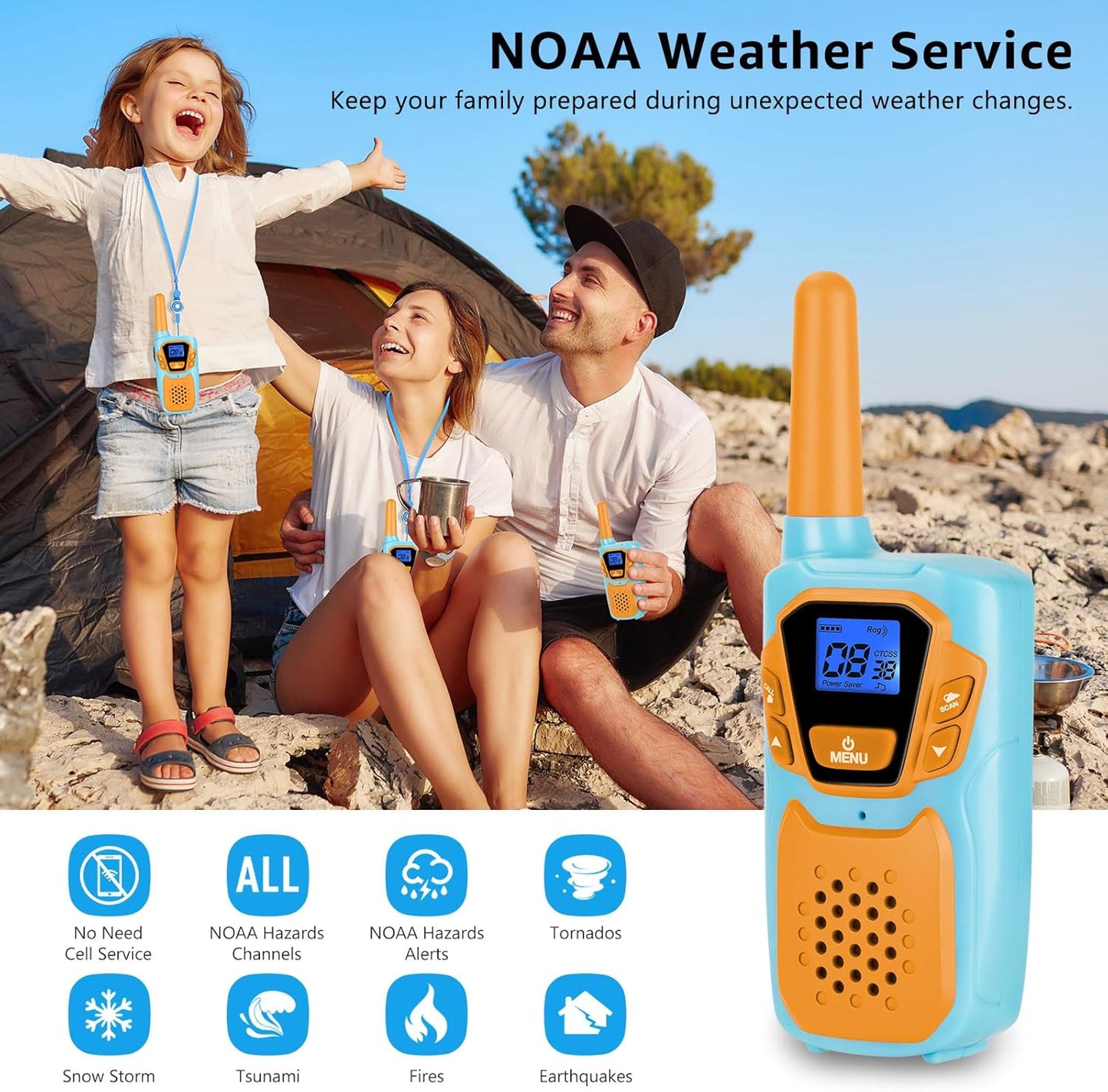 Walkie Talkies for Kids Rechargeable Walkie-Talkie for Adults Long Range FRS 2 Way Radio 3 Pack with Lanyard Battery 4 Miles NOAA USB, Family Toys for 3-12 Year Old Girls Boys Toddlers Camping