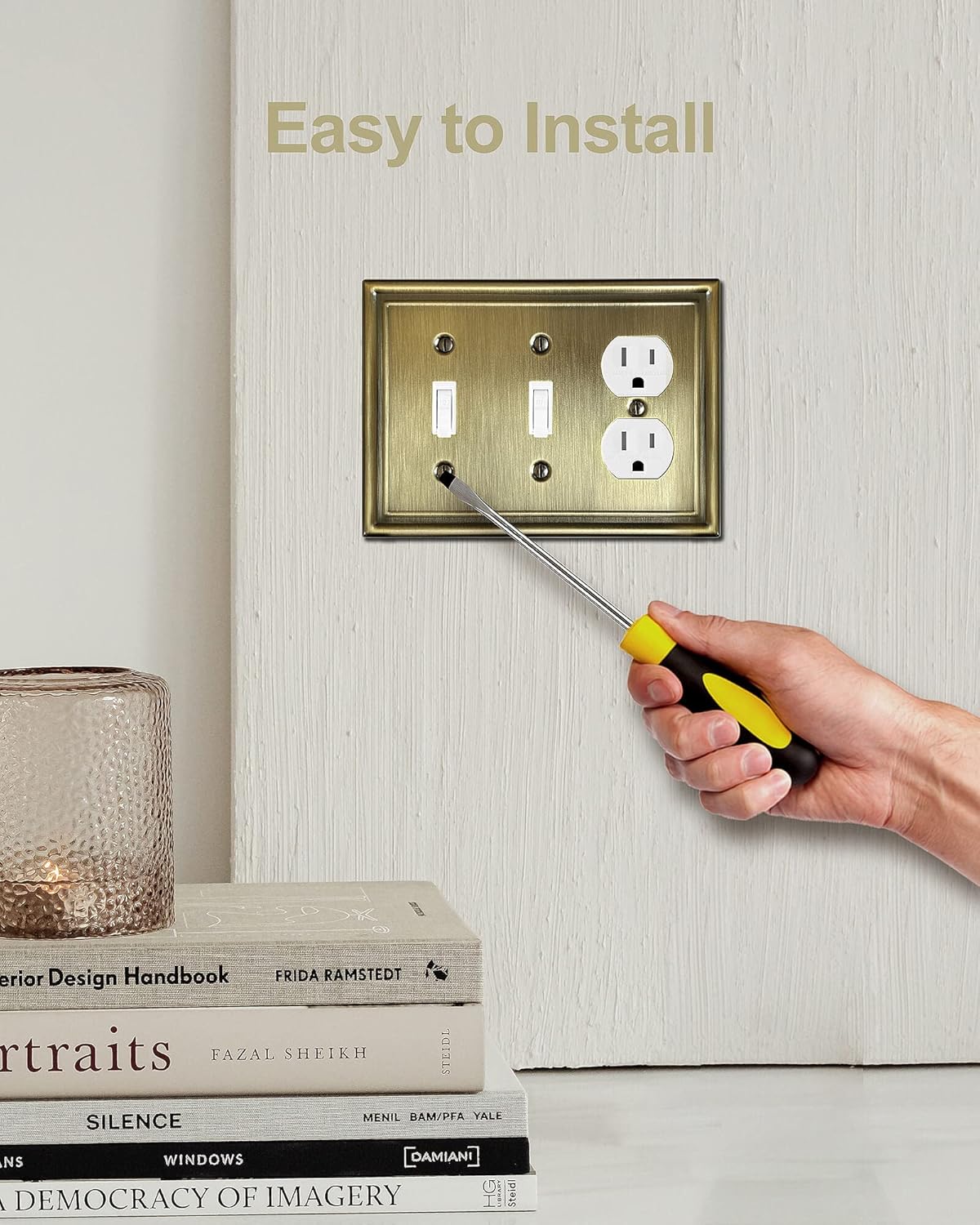 Combination 2 Toggle and 1 Duplex Metal Wall Plate, 3-Gang Switch Plates and Outlet Covers, Decorative Antique Brass Finish, Corrosion Resistant, 2-Pack, Midsize