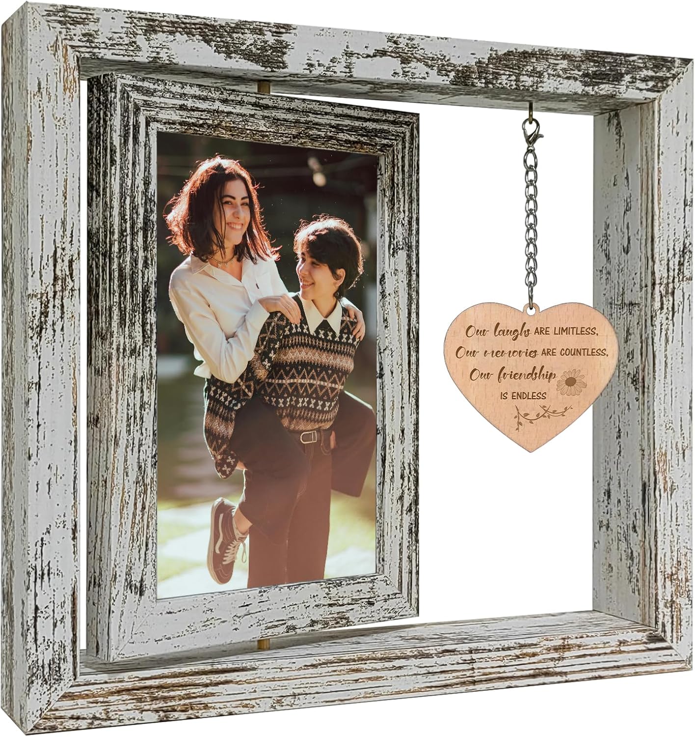Friendship Picture Frame – Best Friend Frame Gifts for Women – Wooden 4x6 Photo Frame Holds 2 Photos – Rotating Vintage Design with Real Glass – “Our Friendship is Endless” Quote – Gift Box Included