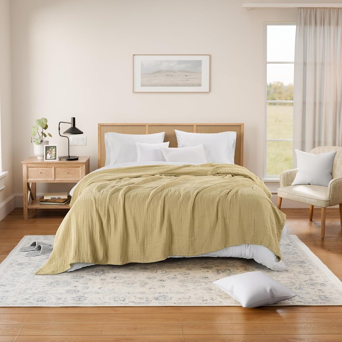 Threadmill Summer Muslin Blankets Queen Size | 100% Cotton 4 Layer Gauze Blanket | Soft, Breathable and Cozy Blanket | Cozy, Lightweight Blankets for Bed Seasons | Beige