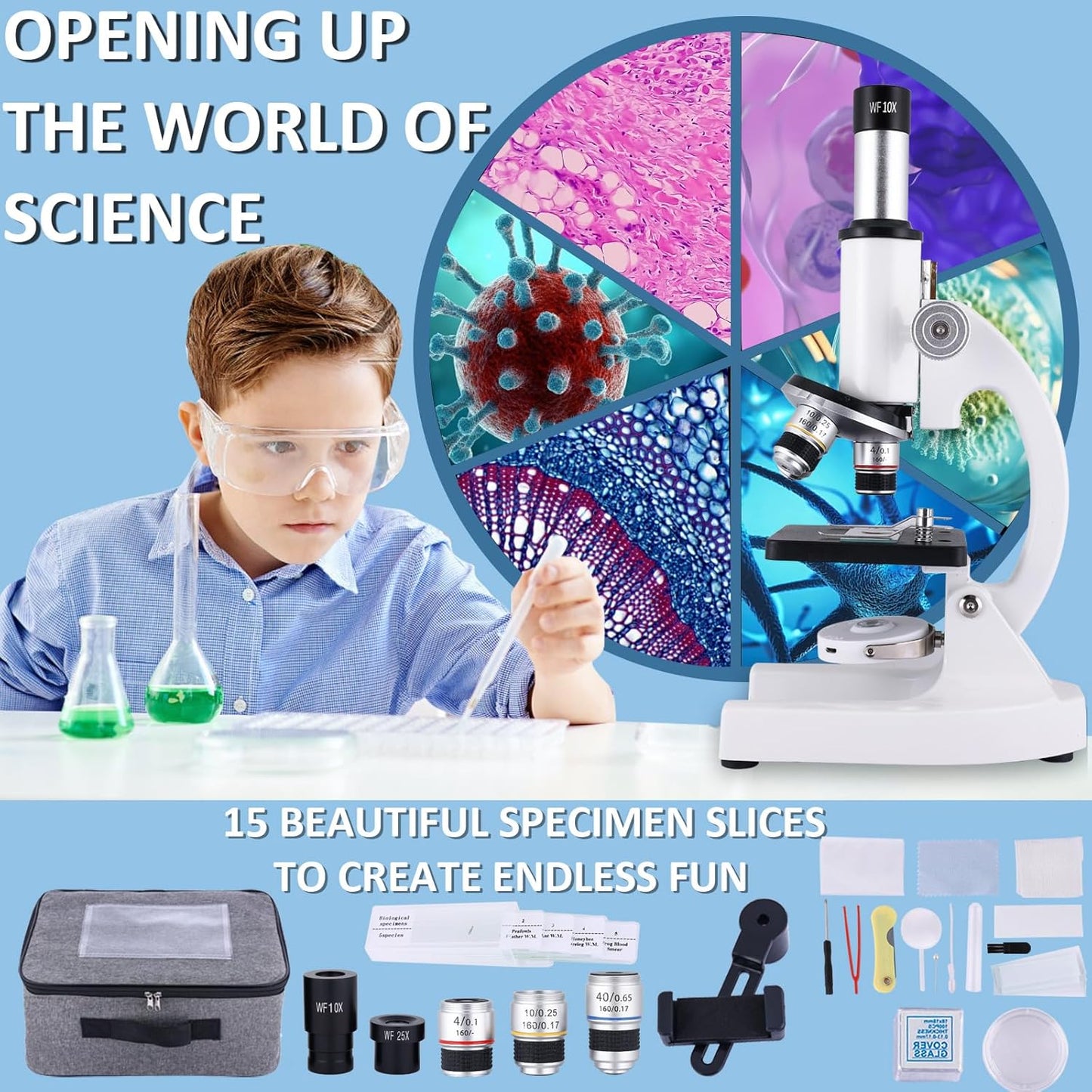 Microscope for Kids 40X-2000X, Microscope for Children 8-12 Years Old with LED Fill Light, Slides and specimens Ideal for School Labs Homeschooling