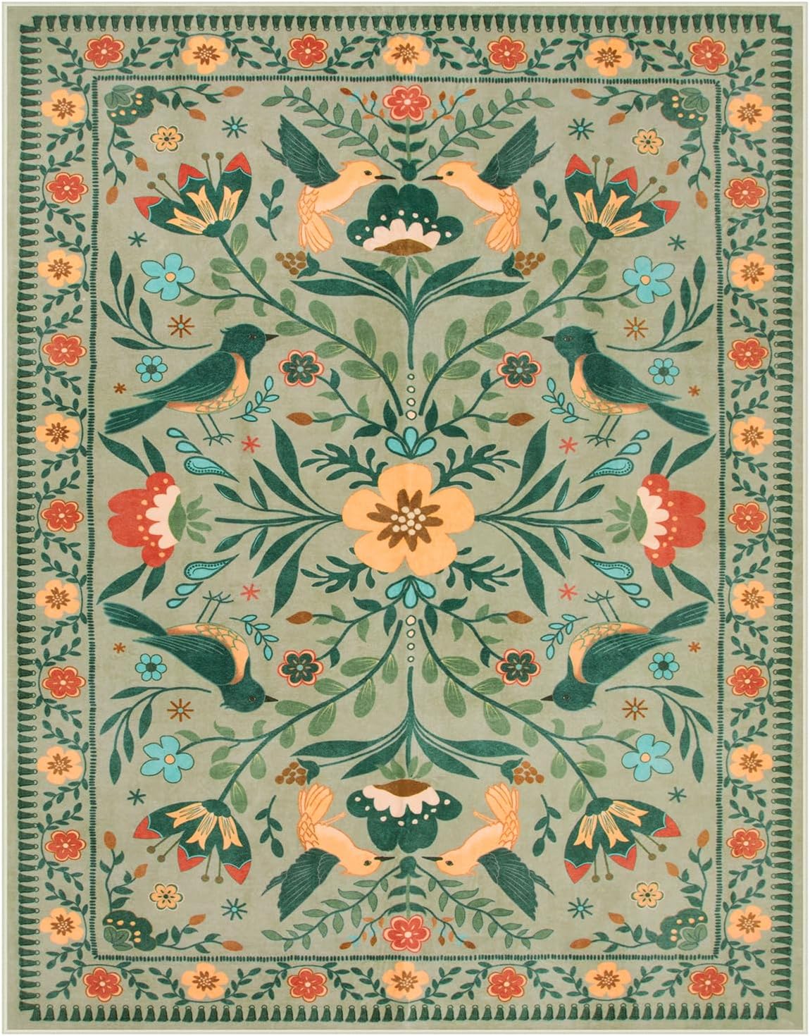 Moynesa Washable 8x10 Area Rugs for Living Room, Ultra Thin Soft Boho Bedroom Rug Stain Resistance, Low Pile Indoor Bird Pattern Sage Green Large Carpet for Nursery Dining Room Under Table