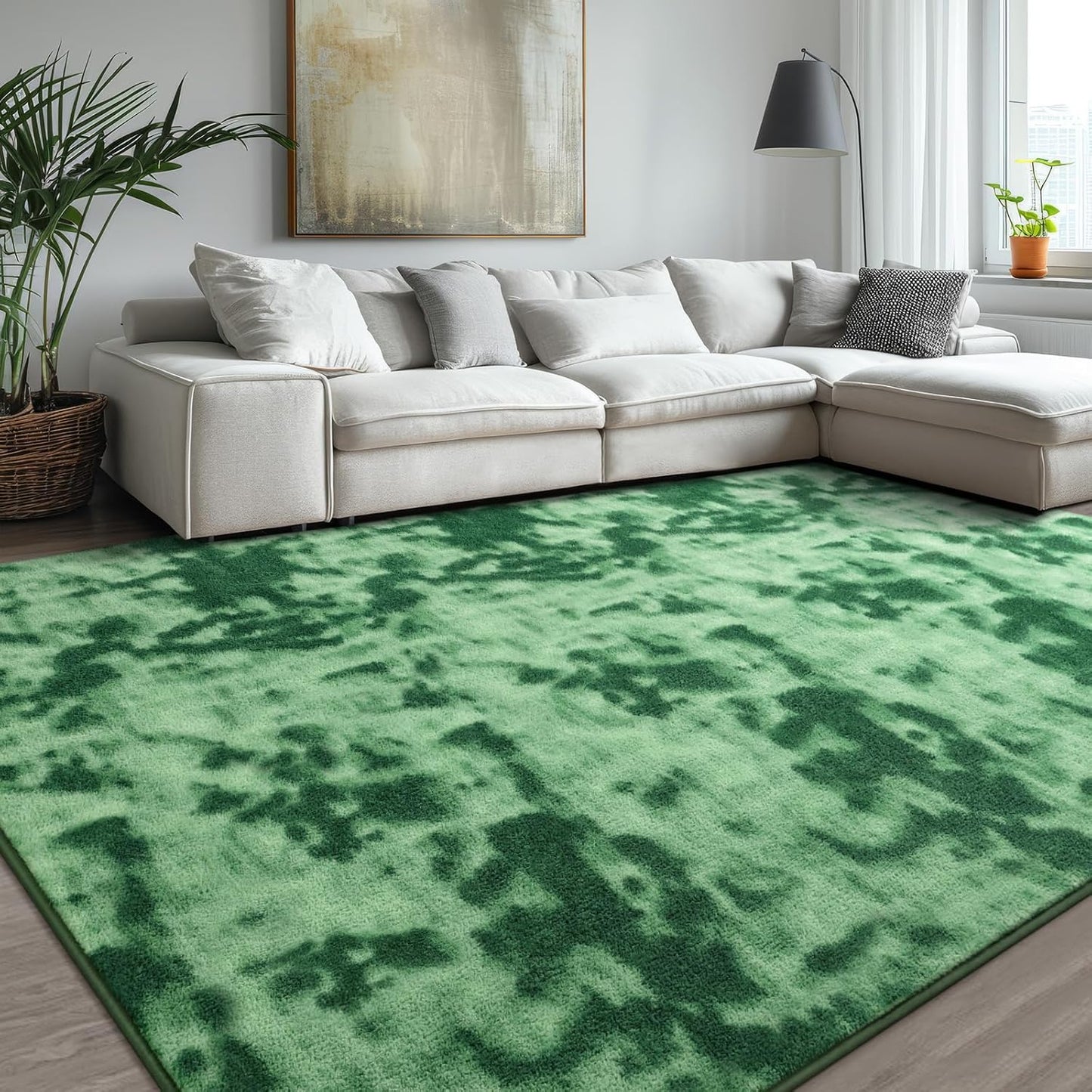 Kimicole 6x9 Washable Area Rugs for Living Room Bedroom, Large Low Pile Ulta-Thin Solid Color Rug, Non-Slip Soft Fluffy Carpet for Nursery Kids Room Dorm Room Home Decor (Green)