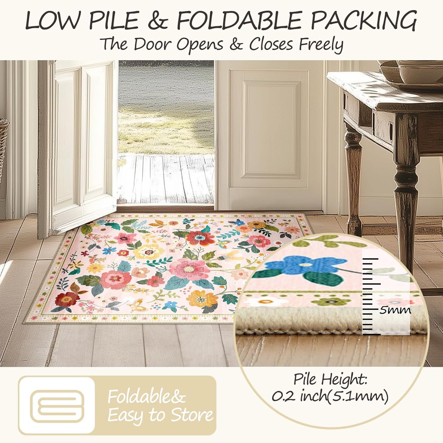 Floral 4ft Area Rug Machine Washable Soft Print Boho Carpet Non Slip Doormat Low Pile Flower Area Rugs for Living Room Bedroom Nursery Kitchen Dining Room Indoor-Pink