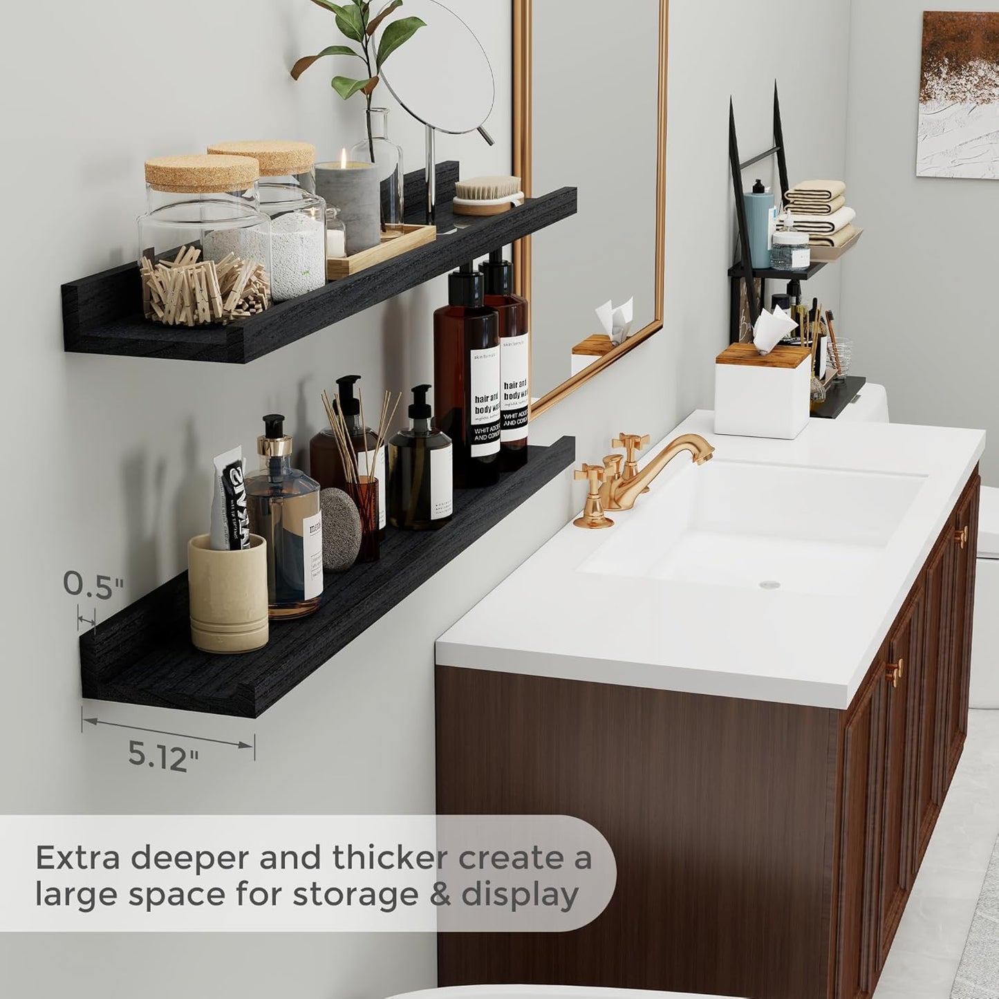 Fun Memories Floating Shelves Wall Mounted 36 Inch Long, Black Picture Shelves for Wall with Ledge, Solid Wood Wall Shelves with Lip Set of 4 for Bedroom, Kitchen, Bathroom