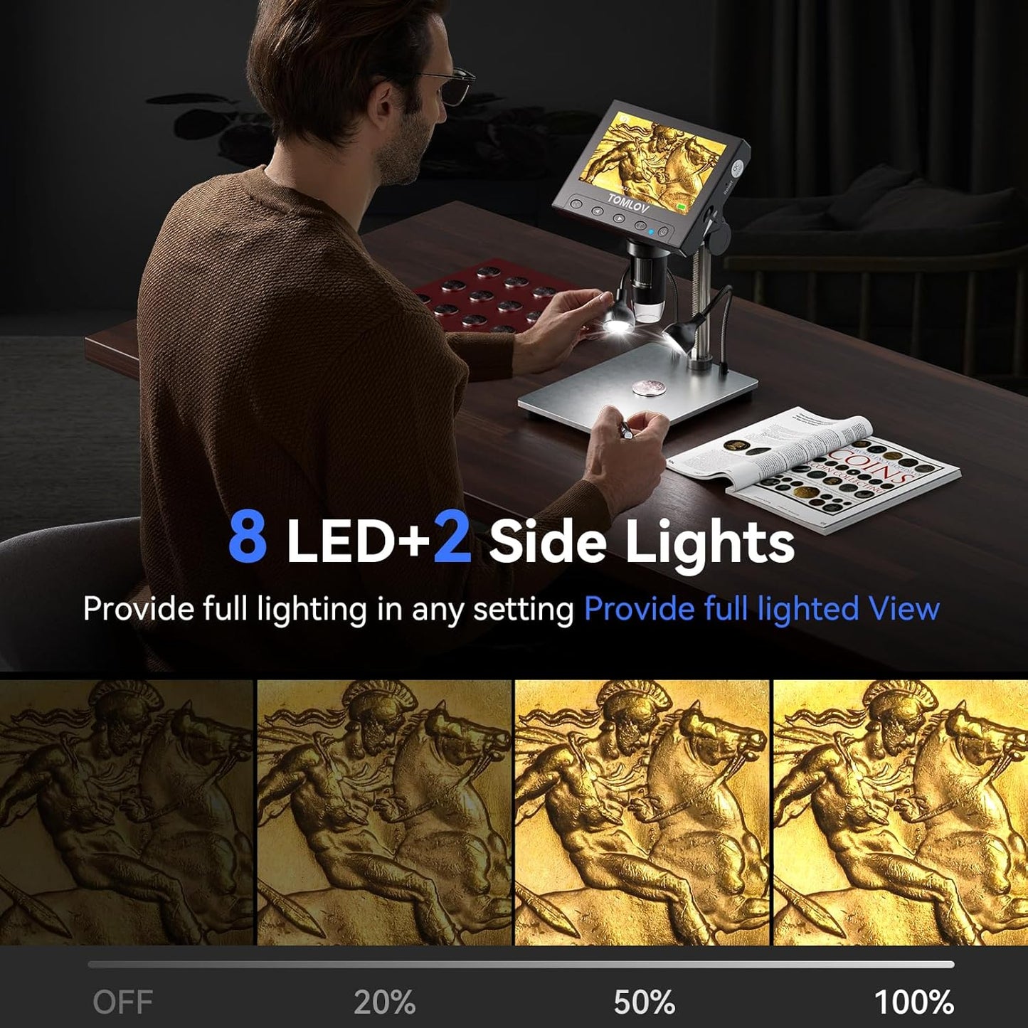 TOMLOV 1000X Coin Microscope with 4.3" Screen, Digital Microscope Magnifier with LED Lights, Metal Stand, PC View, Photo/Video, 32GB SD Card, Windows, macOS Compatible, DM4S