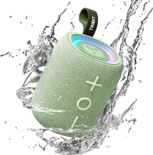 Tribit Bluetooth Speaker StormBox Mini+, 12W Shower Speaker with 360° Sound, 12H Playtime, Custom EQ, BT5.4, IPX7 Waterproof, RGB Lights, Type-C, AAC/SBC, TWS, Portable for Camping/Backyard (Green)