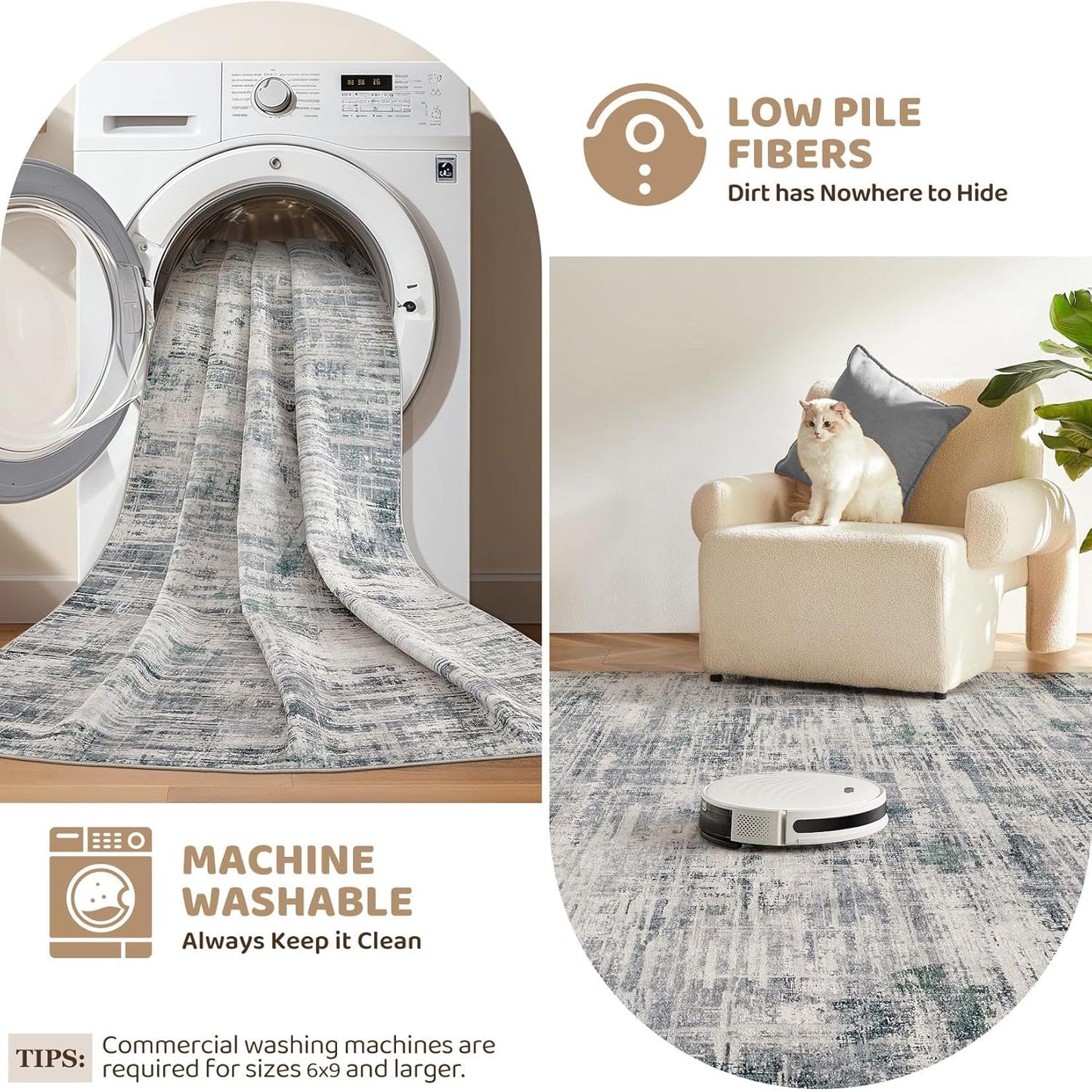 Area Rug for Living Room: 3x5 Washable Neutral Abstract Modern Soft Rugs Non Slip Indoor Floor Stain Resistant Carpet for Bedroom Dining Room Office Nursery - Gray